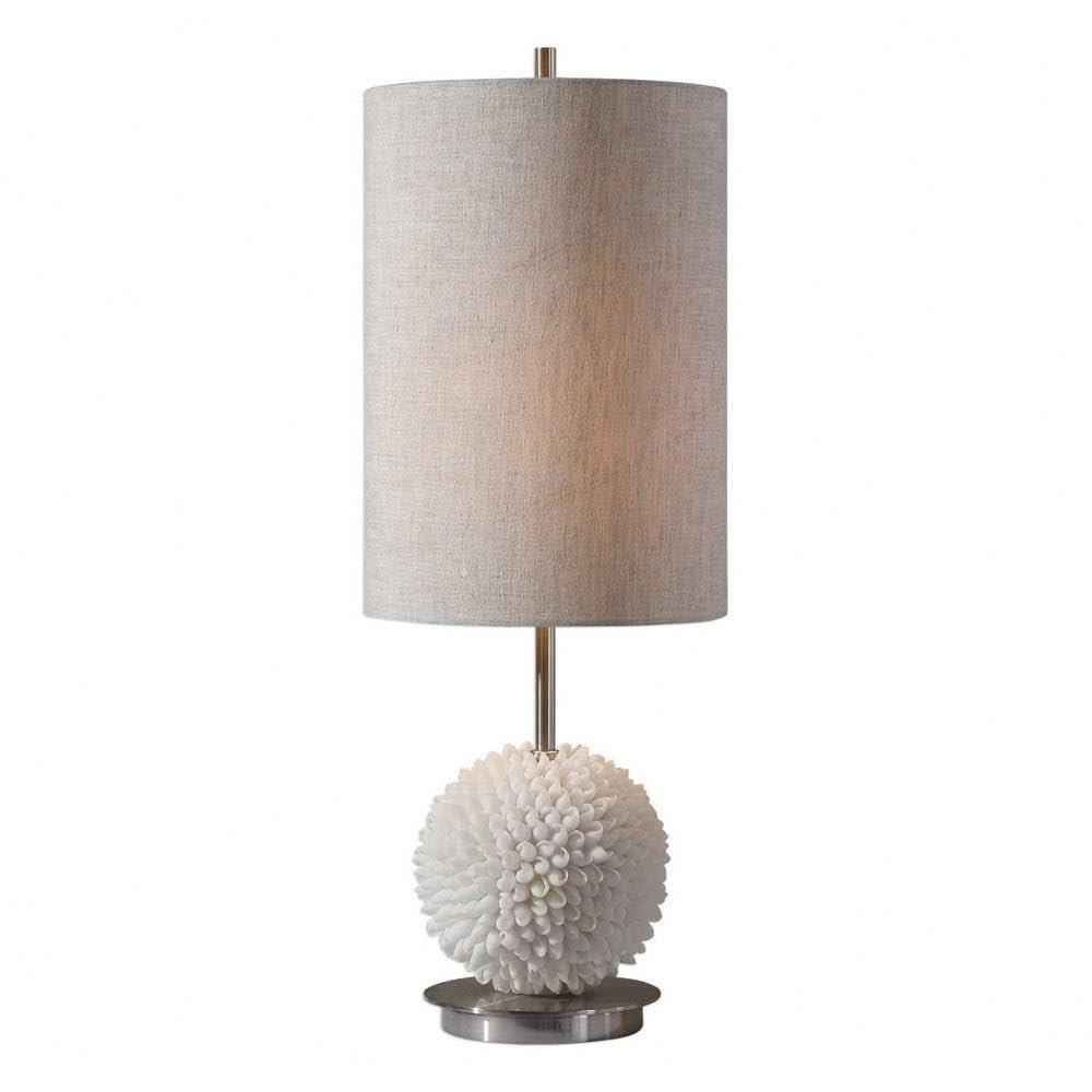 Beige Linen Round Hardback Drum Shade Sea Shell Lamp with On/Off Switch - Coastal Decor for Bedroom, Living Room & Beach House Lighting