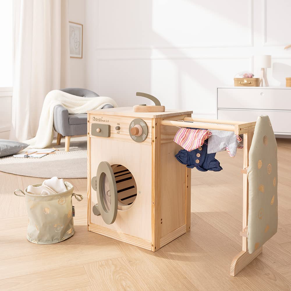 HOWA 48142 Wooden Washing Machine Toy for Kids with Clothesline, Ironing Board, Laundry Basket & Toy Iron - Pretend Play, Role Play, Early Learning & Montessori Activities
