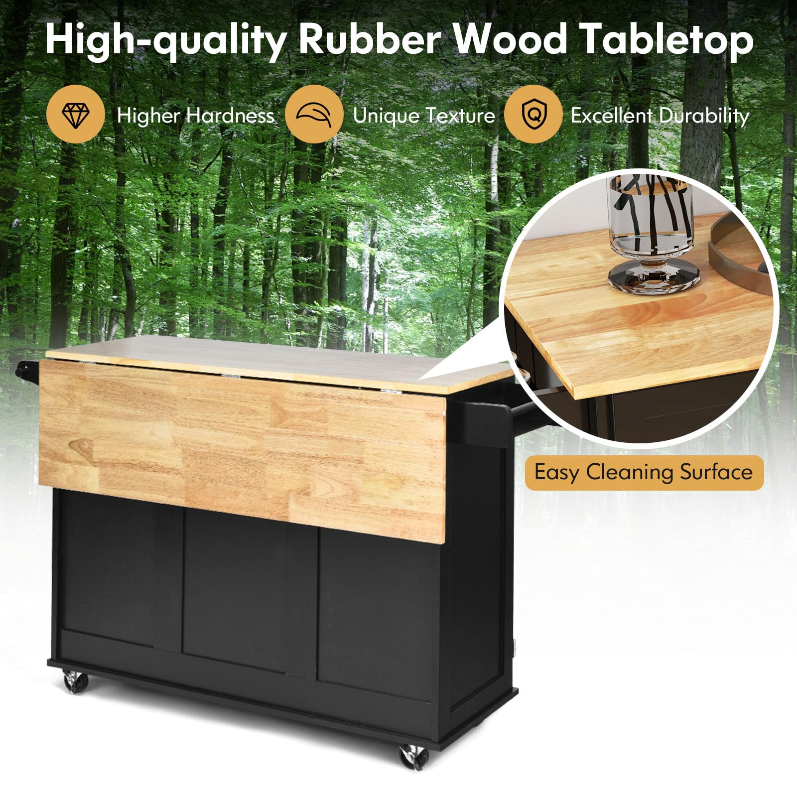 GOFLAME Kitchen Island Cart with Drop Leaf - Rolling Kitchen Cart on Wheels with Rubber Wood Top, 3 Drawers, Towel & Spice Rack, 2-Door Cabinet - Perfect Serving Trolley for Small Kitchens, Dining Rooms & Breakfast Nooks (Black)