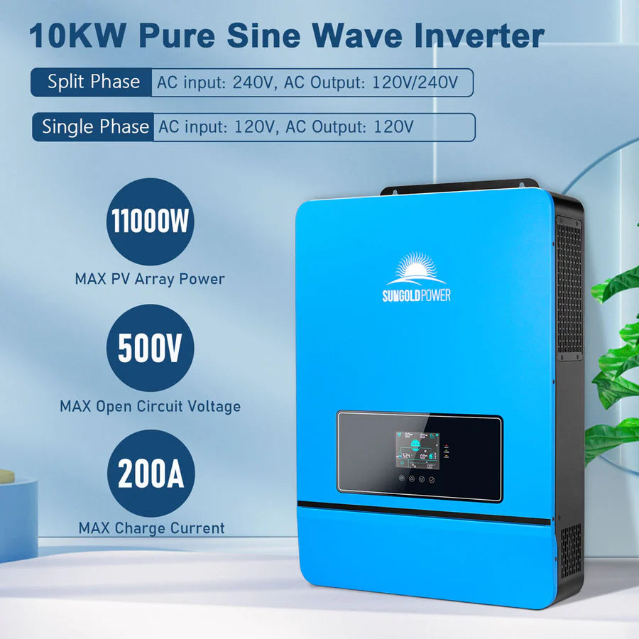 SunGoldPower 10KW 48V Split Phase Solar Inverter for Home & Off-Grid Power - High Efficiency Pure Sine Wave Inverter for Solar Panel Systems, RV, Cabin & Emergency Backup Power