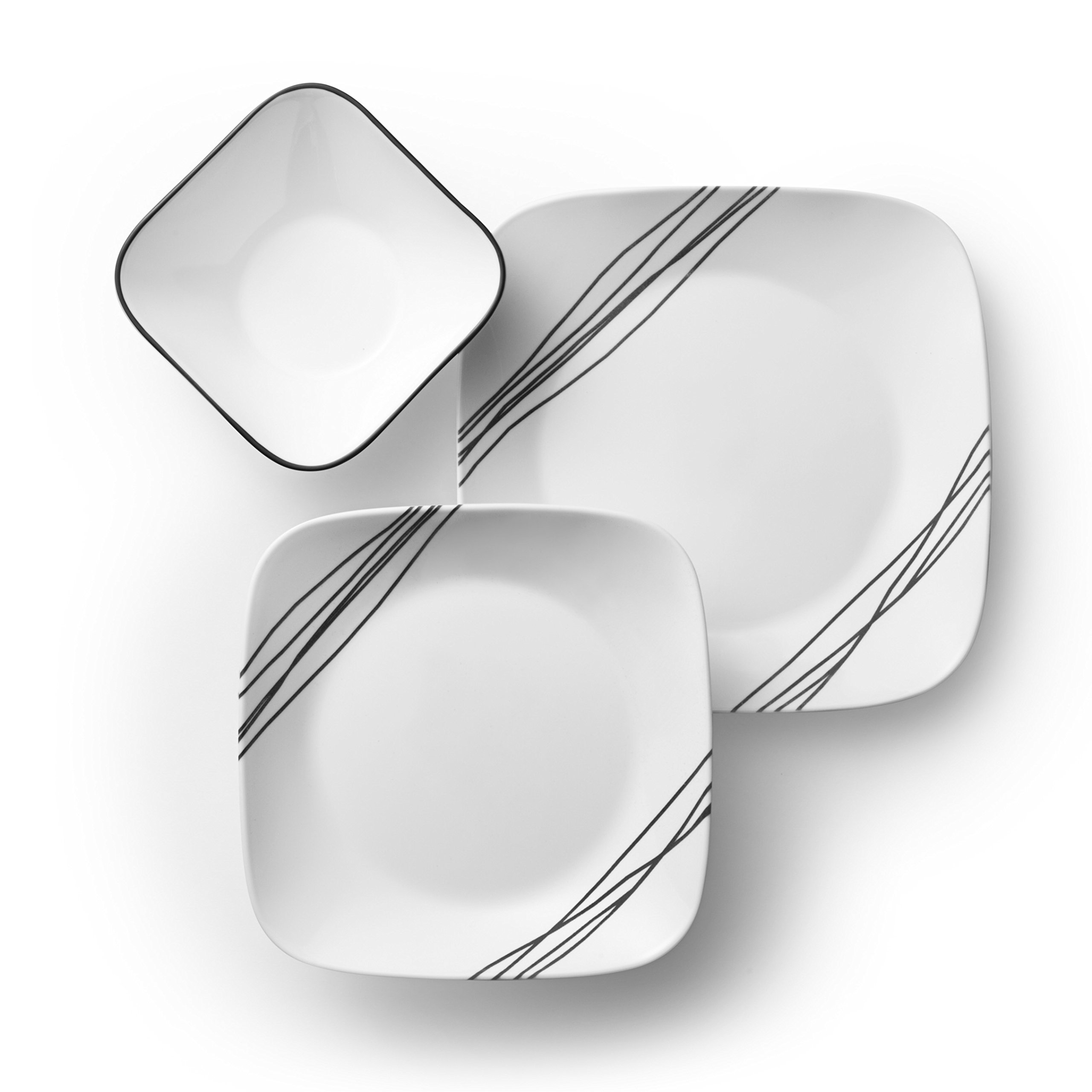 Corelle Vitrelle 18-Piece Dinnerware Set for 6 - Triple Layer Chip Resistant Glass Plates & Bowls - Lightweight Square Dishes - Simple Sketch Design - Perfect for Everyday Dining, Dinner Parties & Family Meals