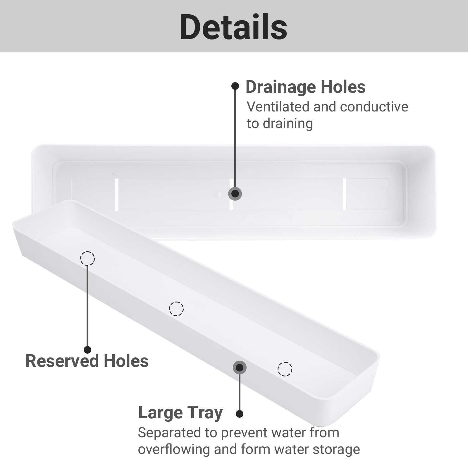 GREANER 6 Pack 16x3.8 Inch White Plastic Window Box Planters with Drainage Trays - Indoor Outdoor Flower Pots for Succulents, Cactus, Vegetables - Perfect for Balcony, Office, Garden, Windowsill Decor & Planting
