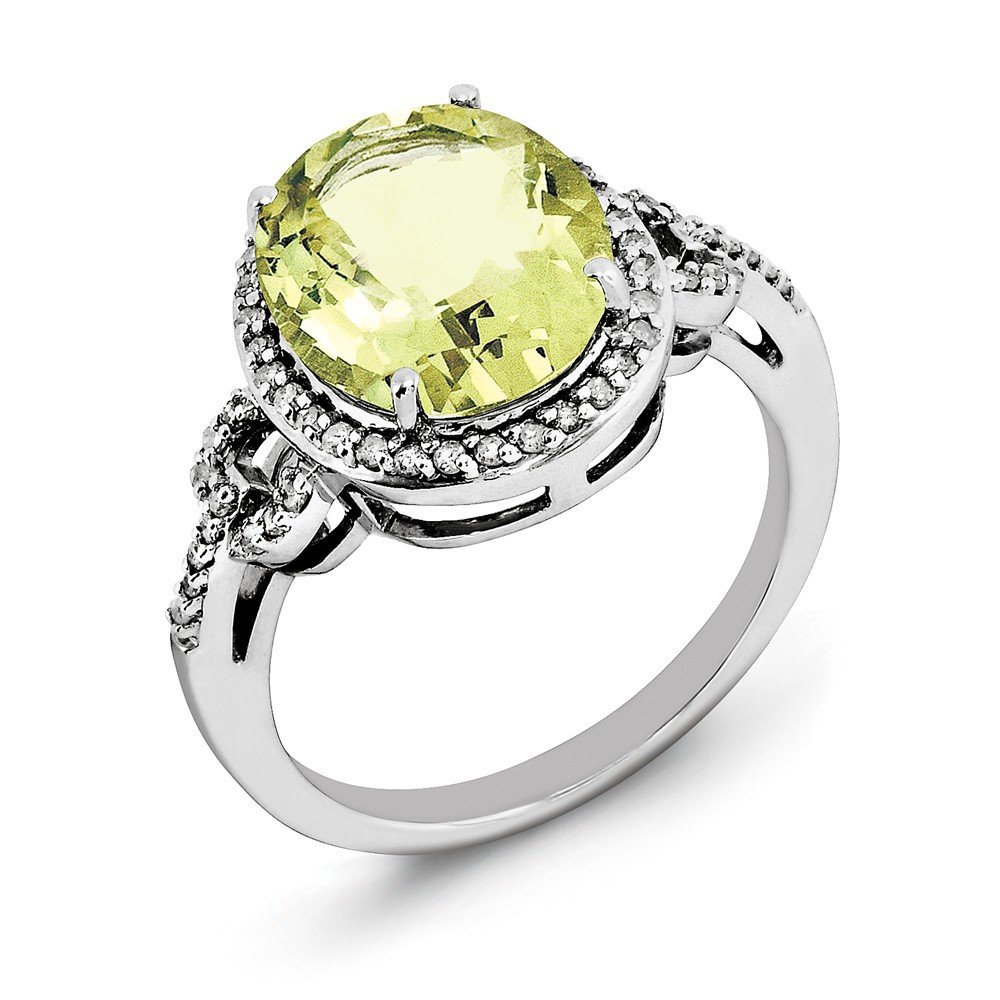 Sterling Silver Rhodium Plated Diamond & Checker-Cut Lemon Quartz Ring for Women - Elegant Jewelry Gift for Anniversary, Birthday or Special Occasion