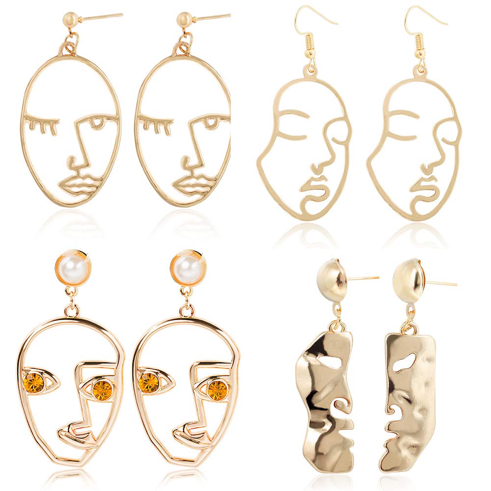 GIMEFIVE Gold Face Earrings - 4 Pairs Vintage Hypoallergenic Dangle Stud Earrings for Women, Girls & Teens | Statement Jewelry for Parties, Weddings & Everyday Wear