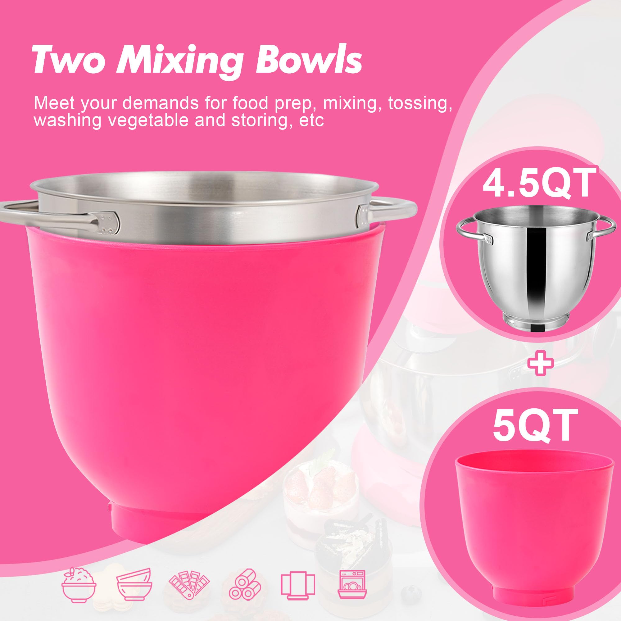 4.5QT & 5QT Stand Mixer Set - Matte Finish Electric Kitchen Mixer with Egg Whisk, Dough Hook & Flat Beater - Perfect for Baking Cakes, Cookies & Bread Dough (Neon Pink)