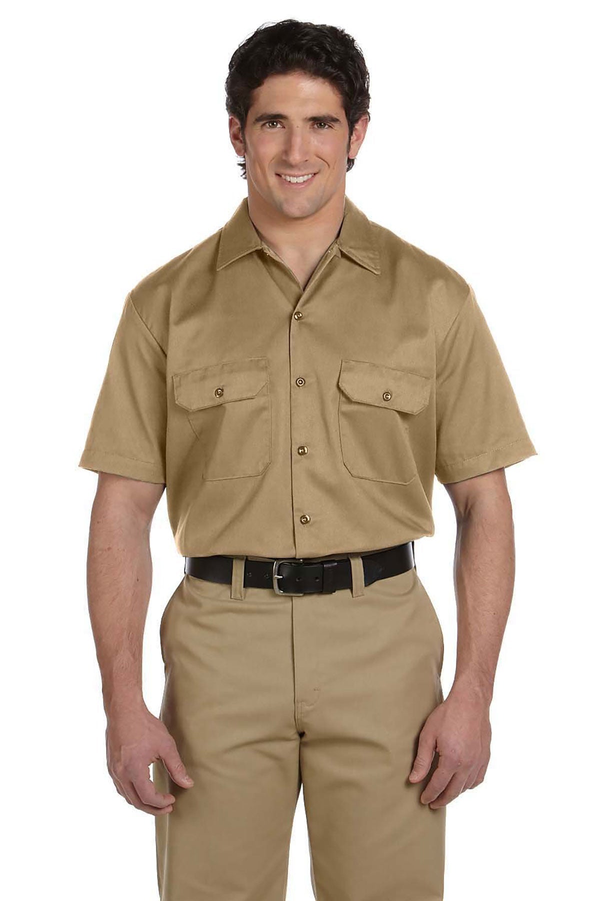 Dickies 1574 Men's Short Sleeve Work Shirt - Durable Khaki Cotton Twill Shirt for Construction, Landscaping & Outdoor Workwear