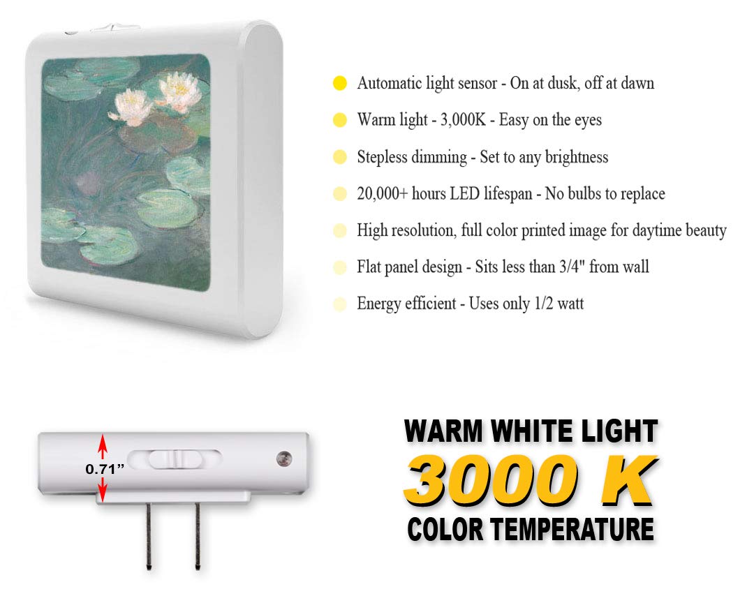 Dimmable LED Night Light with Auto On/Off Sensor - Adjustable Brightness & Warm White Light for Bathroom, Hallway, Nursery & Bedroom | Monet Water Lilies Inspired | Perfect for Nighttime Safety & Cozy Ambiance