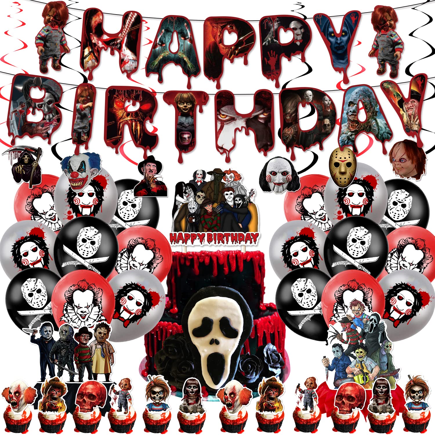 58Pcs Horror Movie Birthday Party Decorations - Classic Scary Characters Themed Supplies for Halloween & Movie Night Parties | Perfect for Horror Film Fans & Spooky Celebrations