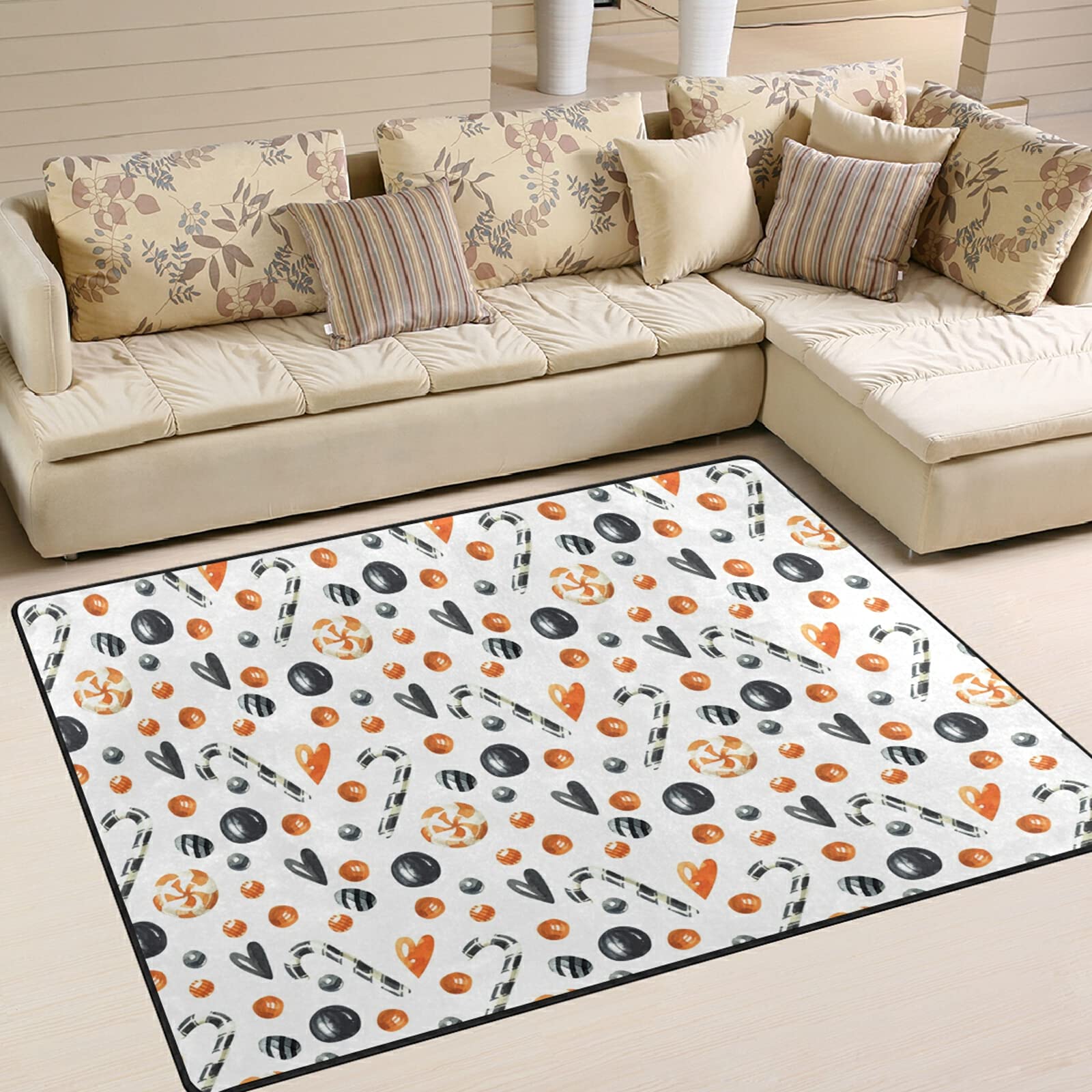 5x7 Washable Modern Area Rugs - Skull Candies Halloween Soft Anti-Skid Nursery Rug, Non-Slip Carpet Floor Mat for Living Room, Bedroom & Outdoor Decor | Perfect for Halloween Party, Kids Room & Home Decorating