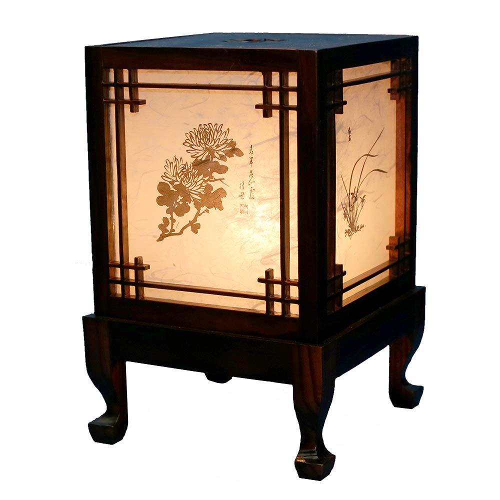 Handmade Antique Korean Wooden Table Lamp - Traditional Four Noble Beings Window Design, Asian Art Deco Lantern for Bedroom, Living Room & Office Decor - Unique Brown Oriental Carved Wooden Light Fixture