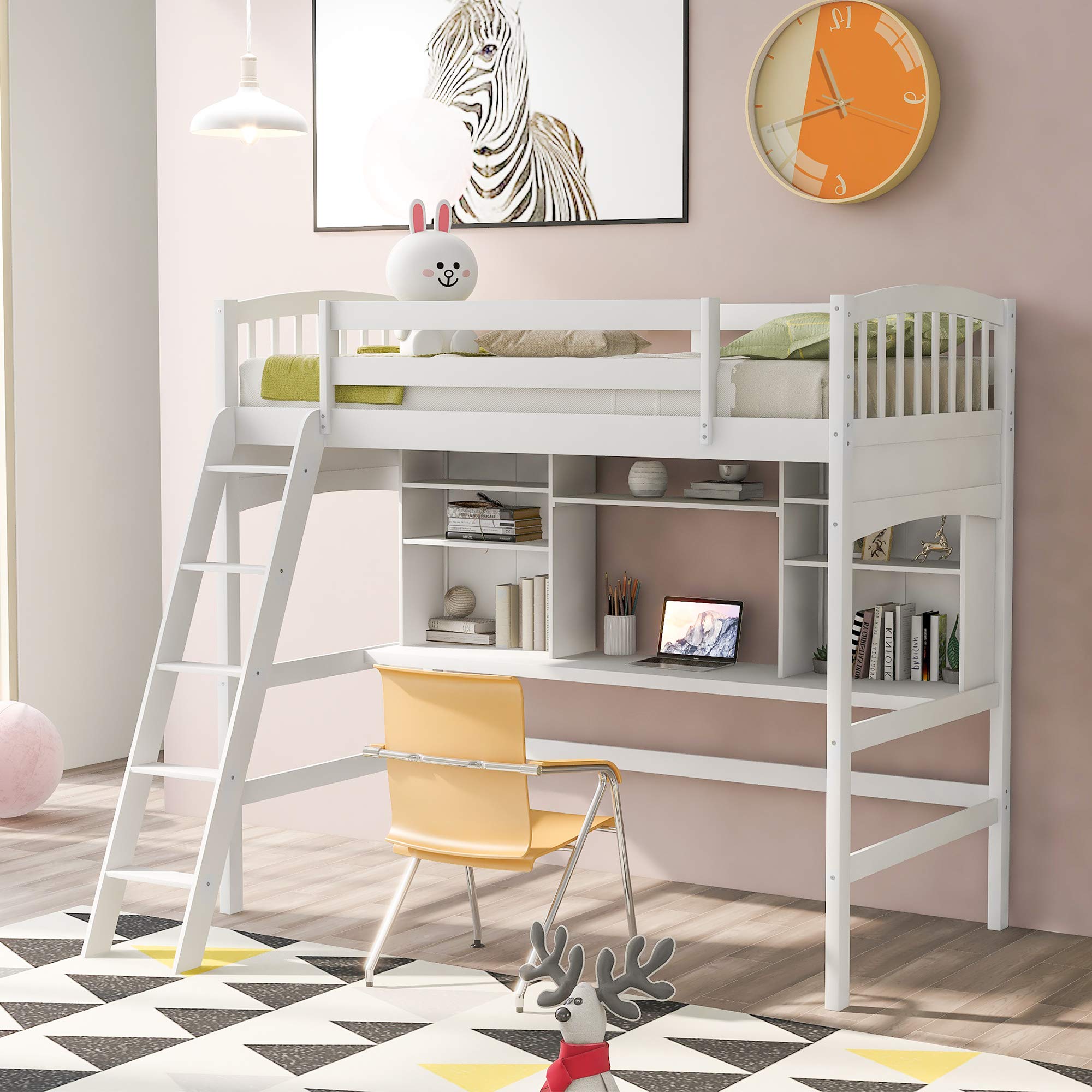 **Kids Loft Bed with Desk & Shelves - Twin Size Solid Wood Loft Bed Frame, White Wood Bedroom Furniture for Small Spaces & Kids Rooms**