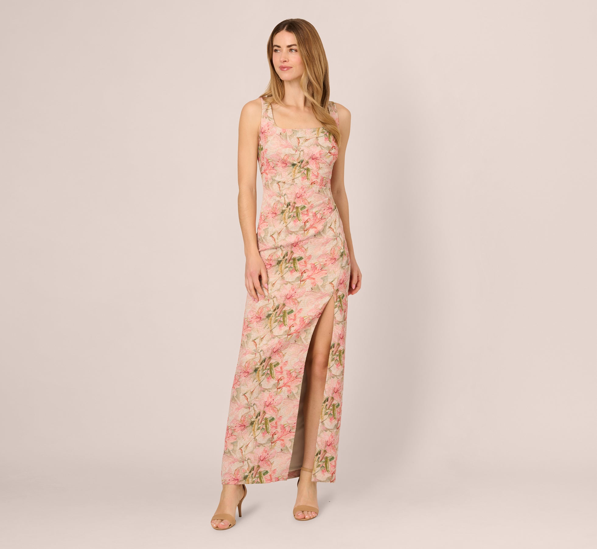 Elegant Sleeveless Metallic Floral Matelasse Gown in Coral Multi - Perfect for Evening Parties, Weddings & Special Occasions