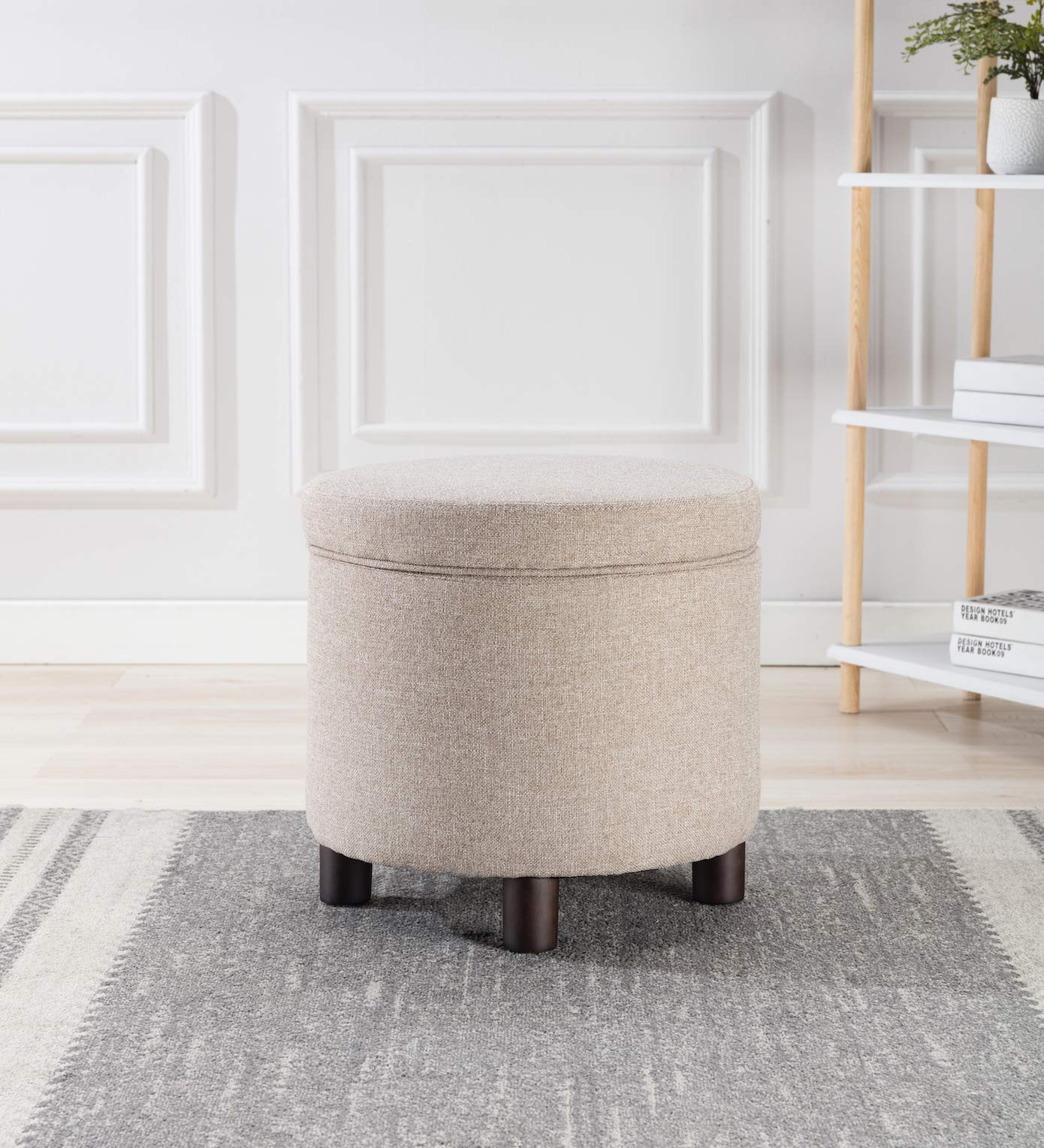 Wovenbyrd Classic Small Round Storage Ottoman Footstool with Removable Lid - Light Brown Fabric Upholstered, Multi-Functional Foot Rest & Hidden Storage for Living Room, Bedroom, or Nursery