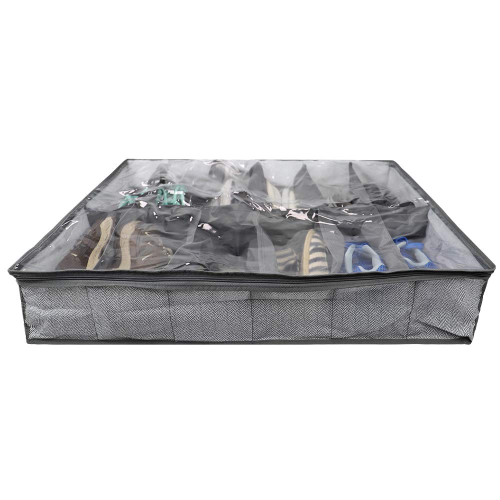 Home Basics Herringbone Closet Storage Organizer - 1-Pack Under Bed Shoe Storage Box with Lid for Bedroom, Closet & Dorm Organization - Perfect for Shoes, Clothes & Seasonal Items Storage