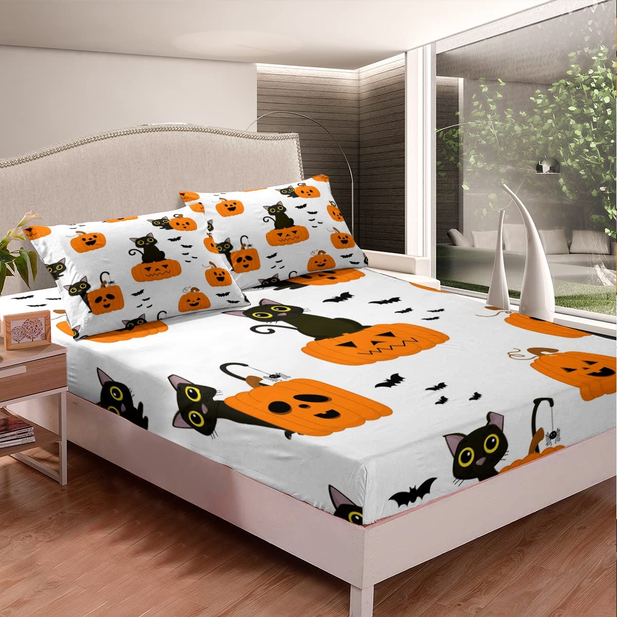 Halloween Cat Fitted Sheet Set for Kids - Twin Size 2PCS Pumpkin Lantern & Cute Bat Spider Print Comforter Cover - Boys Girls Bedroom Decor for Halloween Party, Sleepovers & Themed Bedroom
