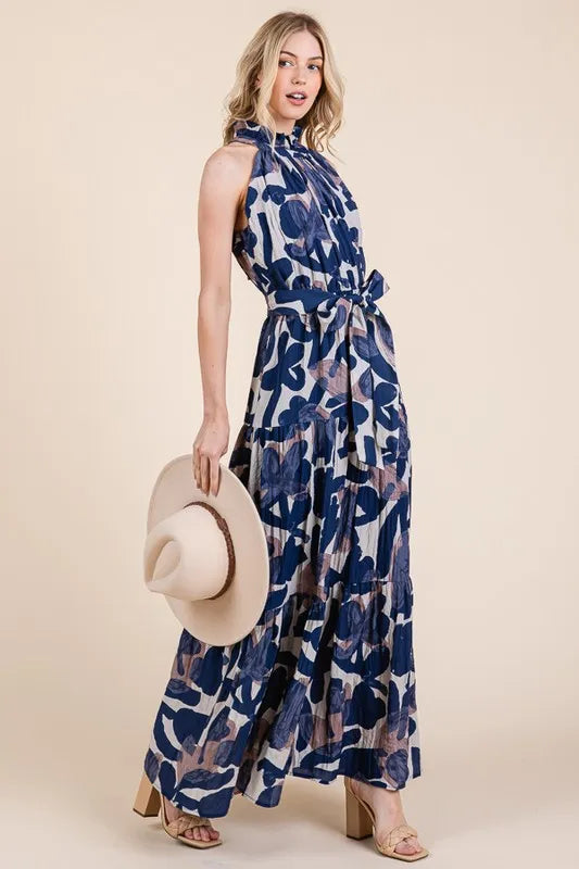 Elegant Halter Neck Tie Waist Tiered Maxi Dress for Women | Summer Beach Vacation Resort Wear | Perfect for Pool Parties, Tropical Getaways and Evening Dinners