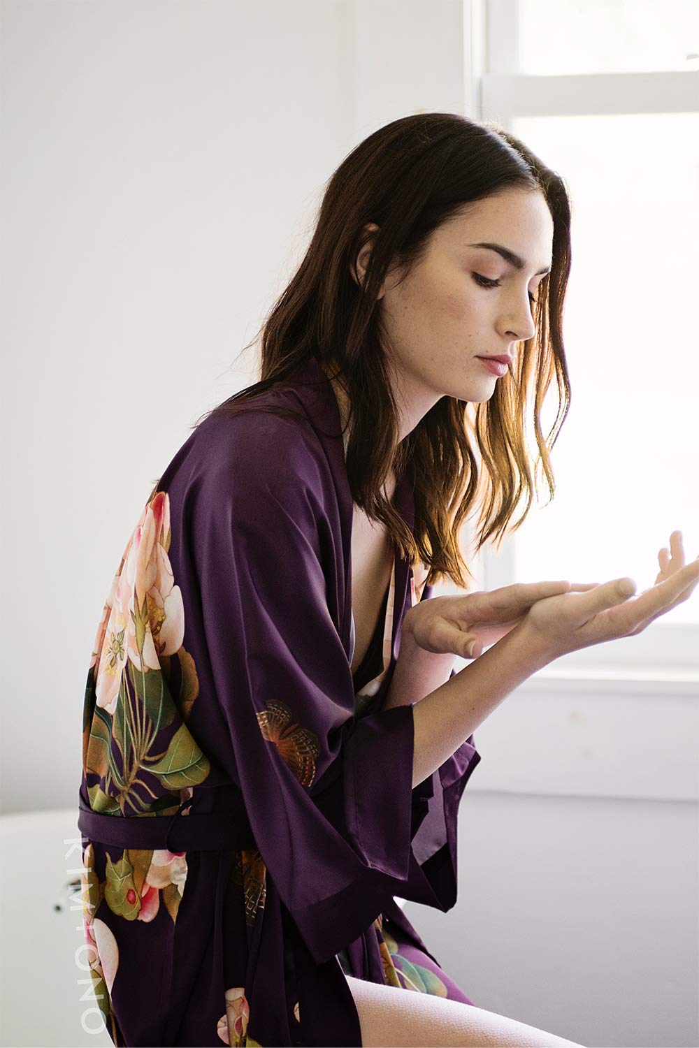 OLDSHANGHAI Women's Charmeuse Kimono Robe - Long Floral Watercolor Silk Robe for Women & Men | Elegant Loungewear, Spa Robe, Bridal Gift, and Home Wear