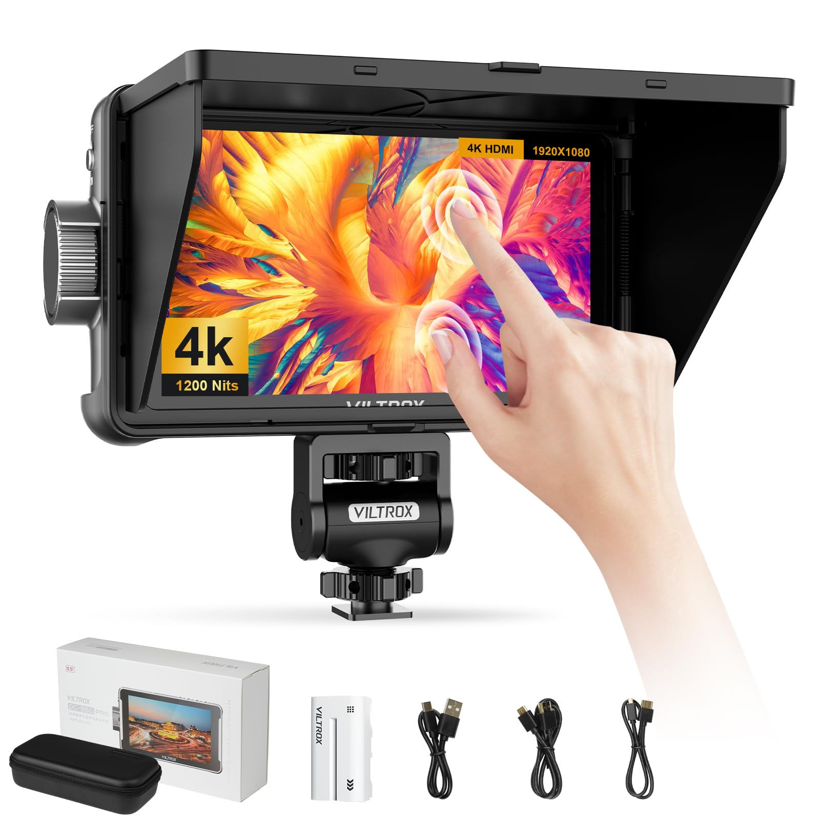 VILTROX DC-550 PRO 5.5 Inch 4K HDMI Touchscreen Camera Monitor - 1200nits Brightness, Exposure & Focus Assist, Waveform for DSLR/Mirrorless - Compatible with Sony Canon Nikon - Perfect for Outdoor Filming & Studio Photography