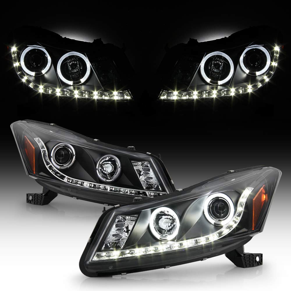 ACANII LED DRL Halo Projector Headlights - Compatible with 2008-2012 Honda Accord 4 Door Sedan, Black Housing, Left & Right Pair - Upgrade Your Night Driving & Style