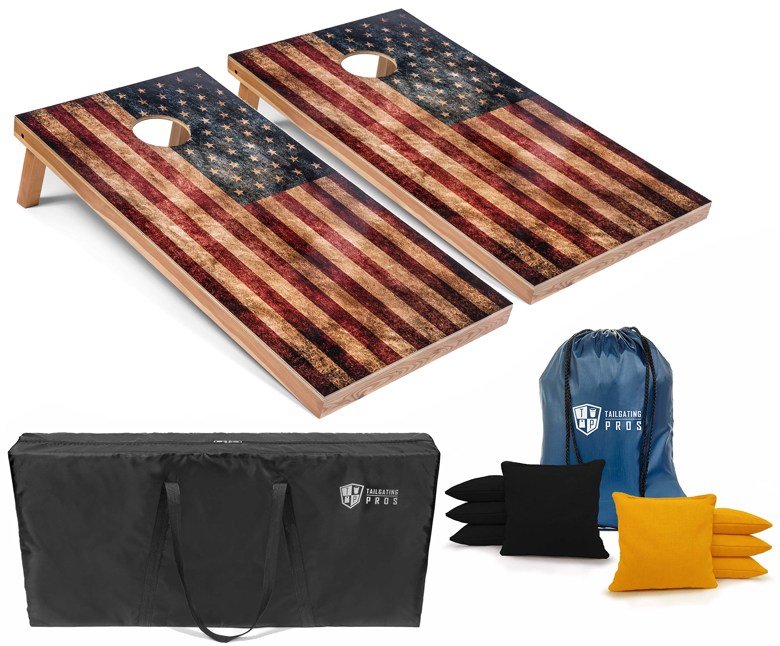 Rustic American Flag Cornhole Boards Set with LED Ring & Carrying Case - 4'x2' Distressed Wooden Cornhole Game with 8 Bean Bags - Perfect for Tailgating, Backyard BBQs, and Outdoor Parties