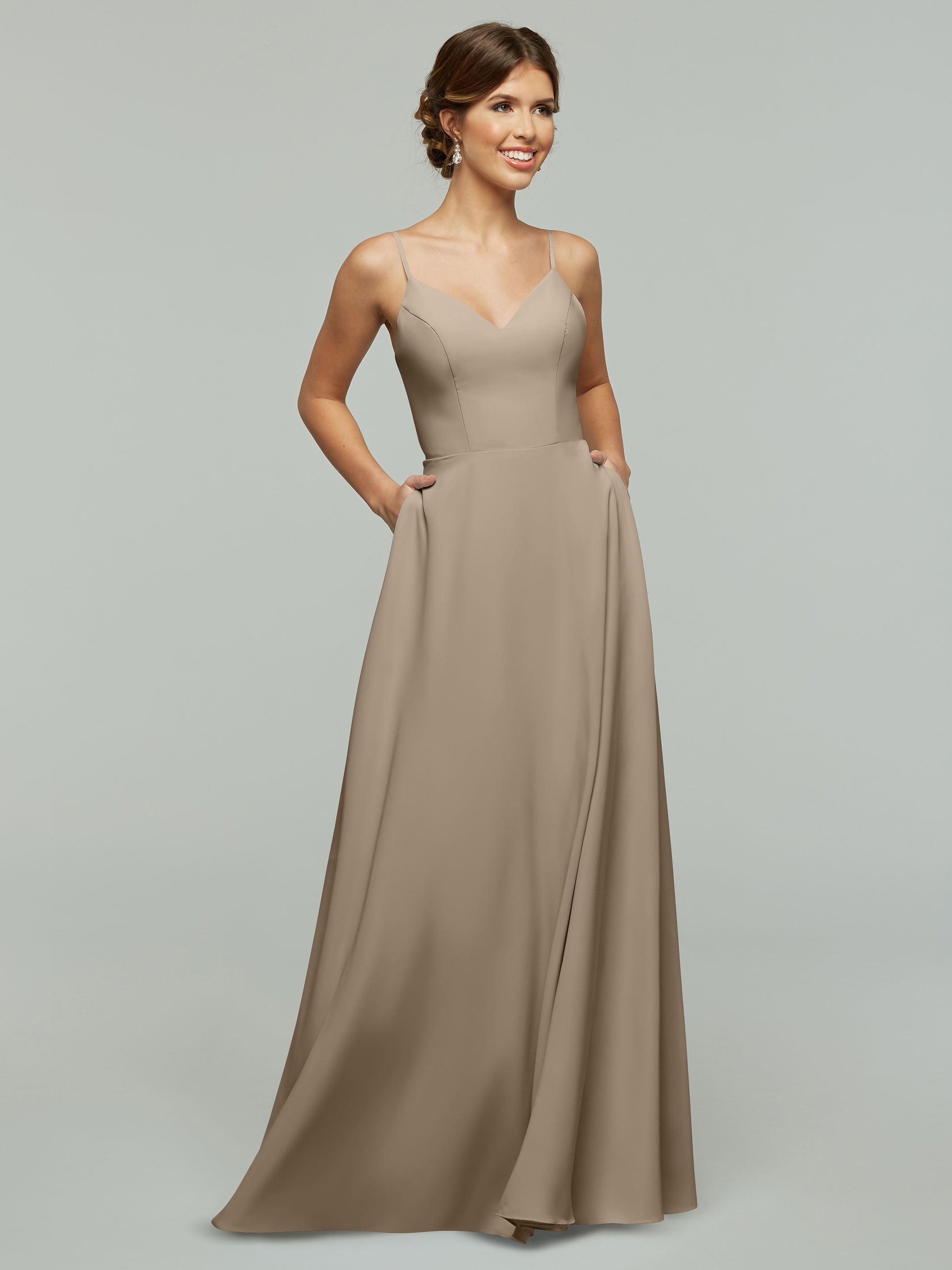 Elegant 83012 Flowy Stretch Chiffon A-Line Bridesmaid Dress with V-Neck - Perfect for Weddings, Parties & Formal Events