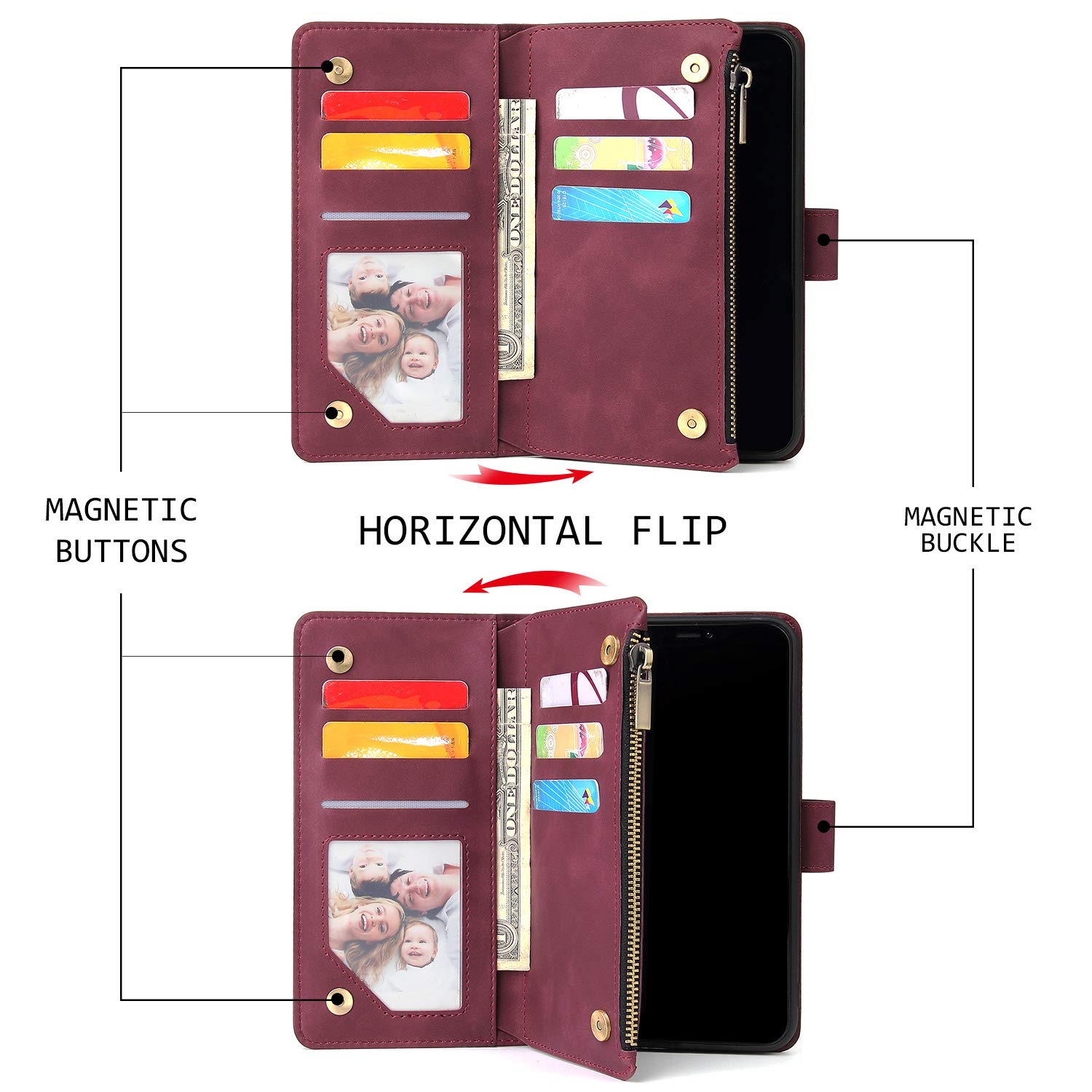 QLTYPRI Samsung Galaxy S24 Ultra 5G Wallet Case - Genuine Leather Flip Cover with 6 Card Slots, Zippered Coin Pocket, Kickstand & Wrist Strap - Protective Phone Case for Business & Travel Use
