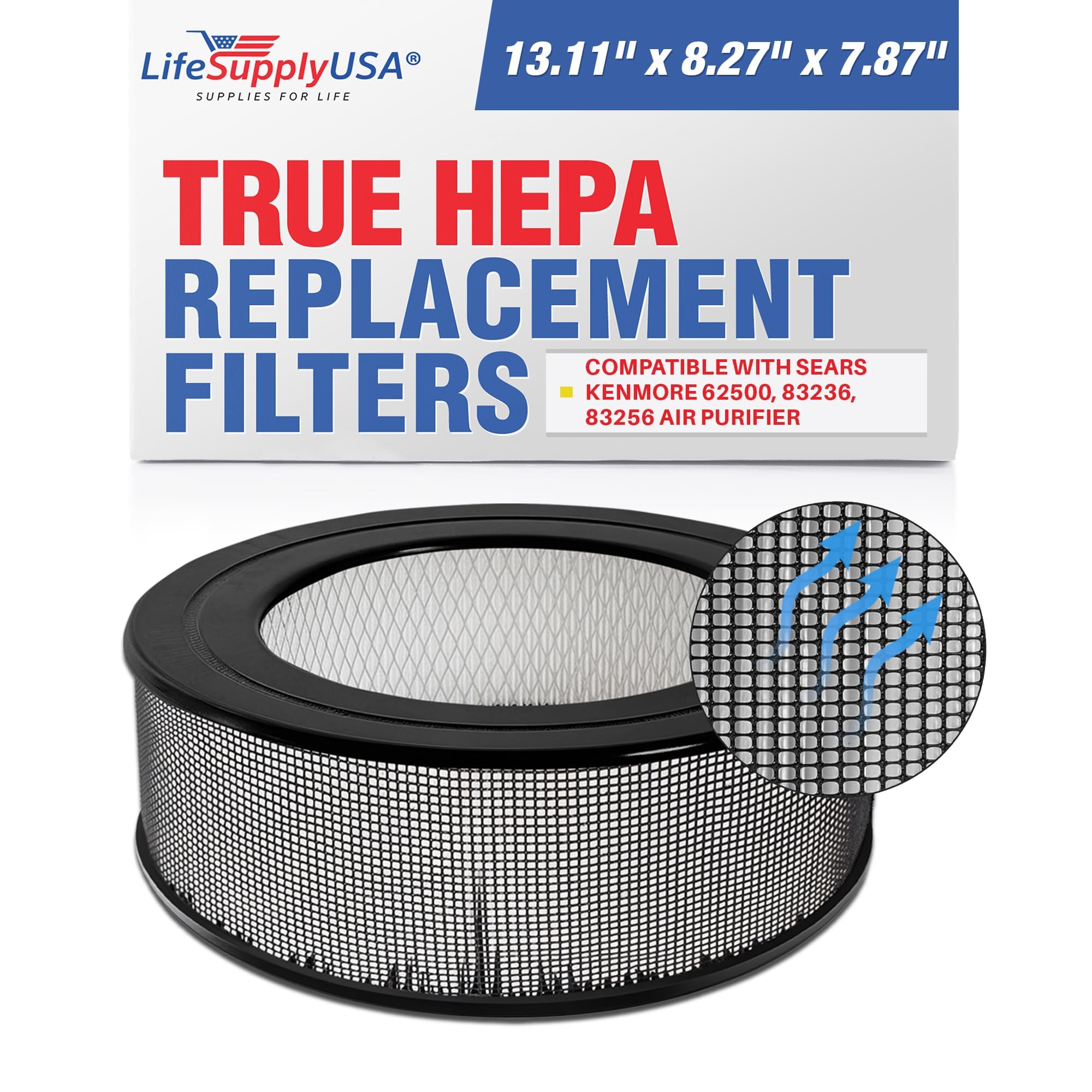 LifeSupplyUSA True HEPA Filter Replacement for Sears Kenmore 62500, 83236, 83256 Air Purifiers - High Efficiency Air Purifier Filters for Allergies, Dust, Pet Dander - Perfect for Home, Office and Bedroom Use