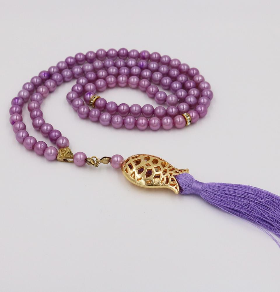 Premium Islamic Tesbih - 99 Count Acrylic Pearl Prayer Beads with Elegant Tulip Tassel in Lilac - Perfect for Daily Dhikr, Meditation & Spiritual Gifts
