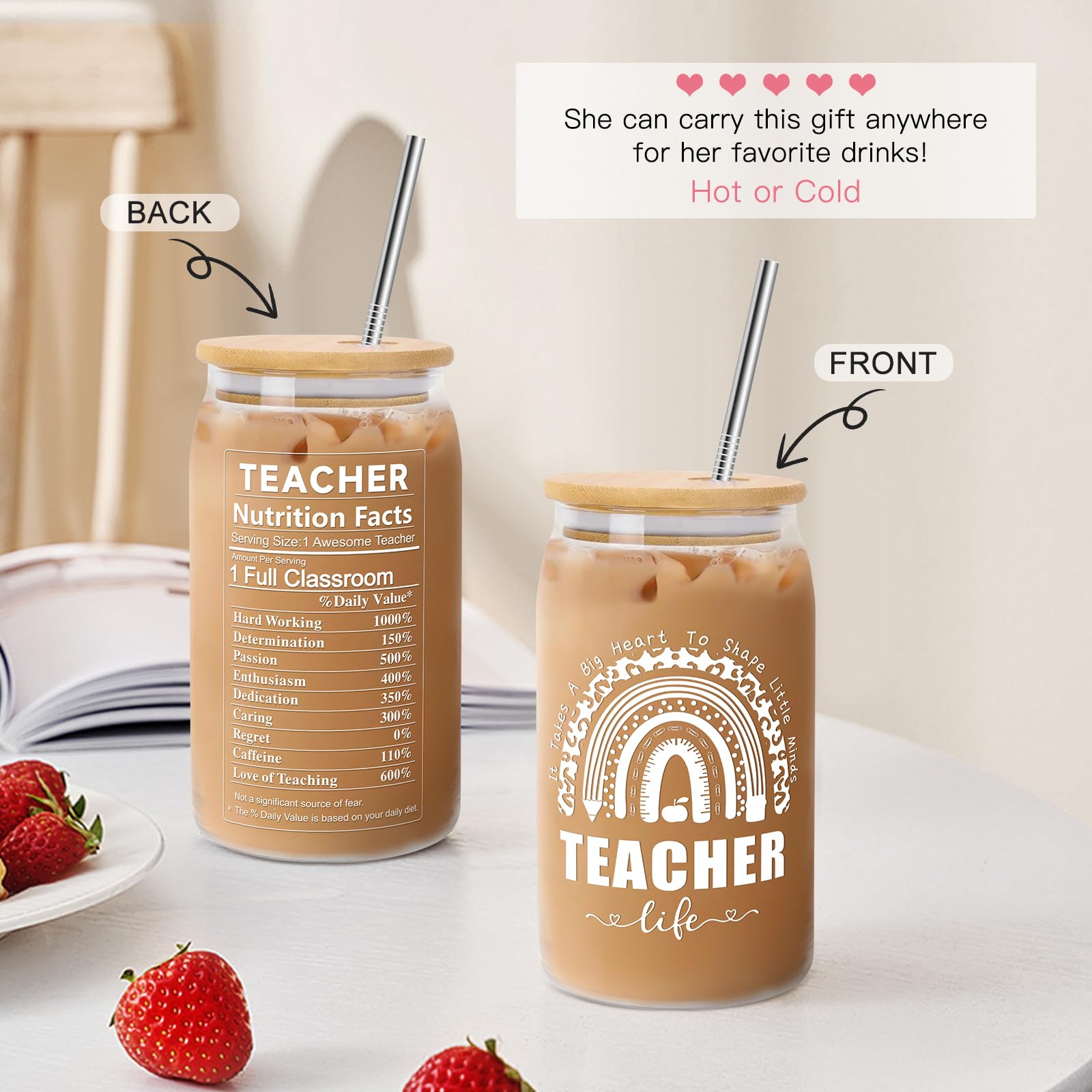 Teacher Appreciation Gifts - 16oz Glass Can for Women & Men - Perfect for Retirement, Back to School & Thank You Presents