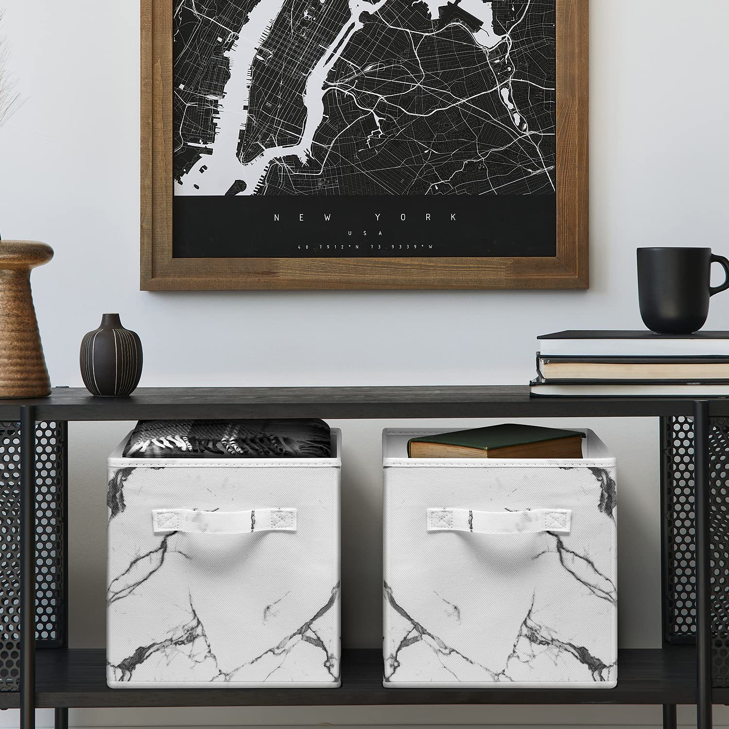 Sorbus Collapsible Storage Bins - Set of 4 White Marble Fabric Storage Cubes with Handles (11 Inch) - Foldable Organizing Baskets for Pantry, Closet, Nursery, Dorm Room & Toy Storage - Perfect for Home Organization and Space Saving Solutions