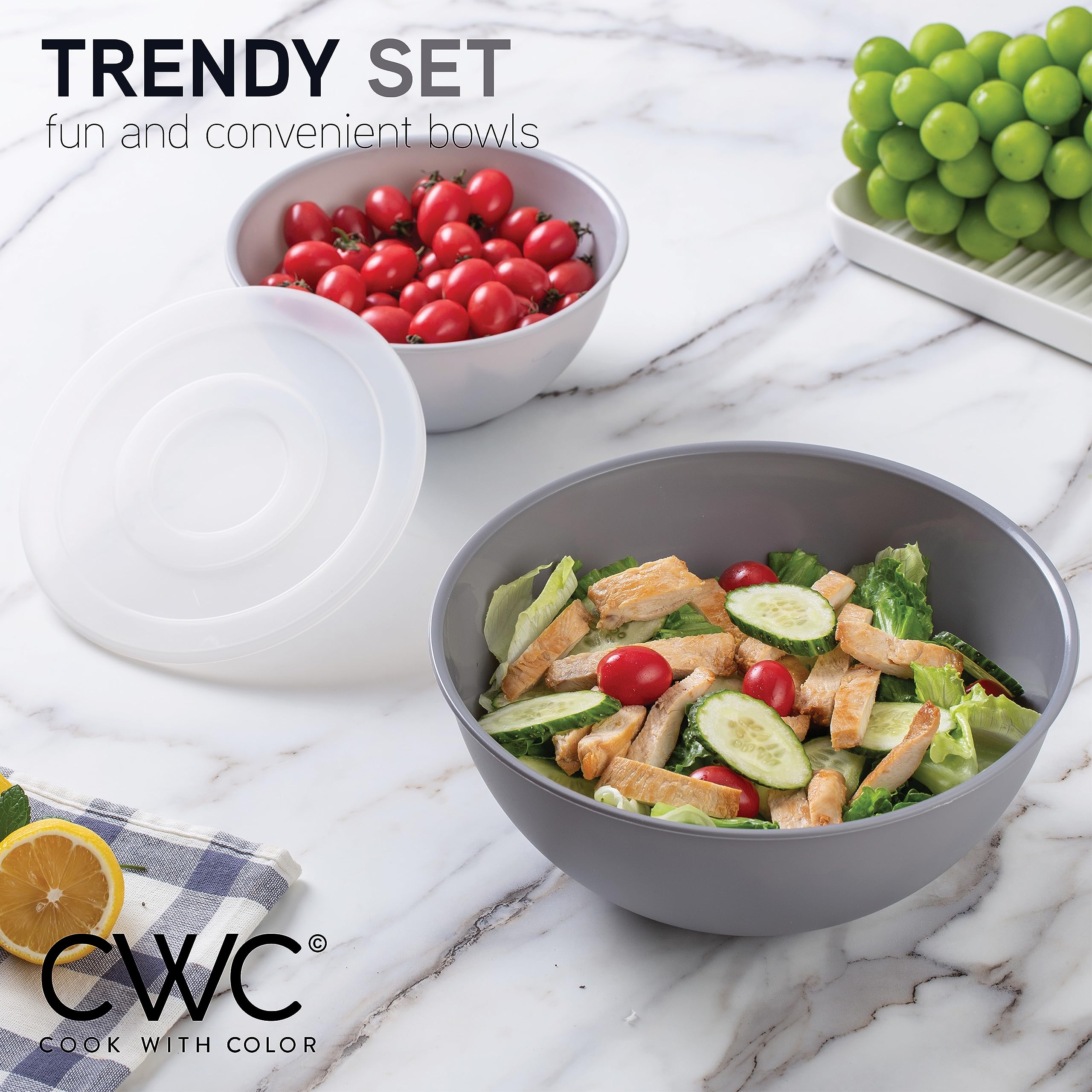 COOK WITH COLOR Plastic Nesting Mixing Bowls Set - 12 Piece Kitchen Prep Bowls with Lids, Microwave & Dishwasher Safe (Gray Ombre) for Baking, Meal Prep & Food Storage