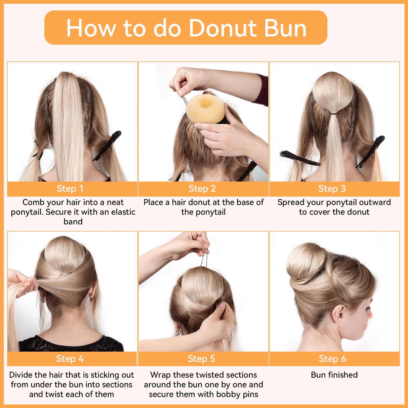 YaFex 3-Piece Hair Bun Maker Set (Small, Medium, Large) with 6 Hair Elastics & 1 Bag Hairpins - Blonde Nylon Hair Donut for Quick Updos, Ponytails, and Ballet Hairstyles