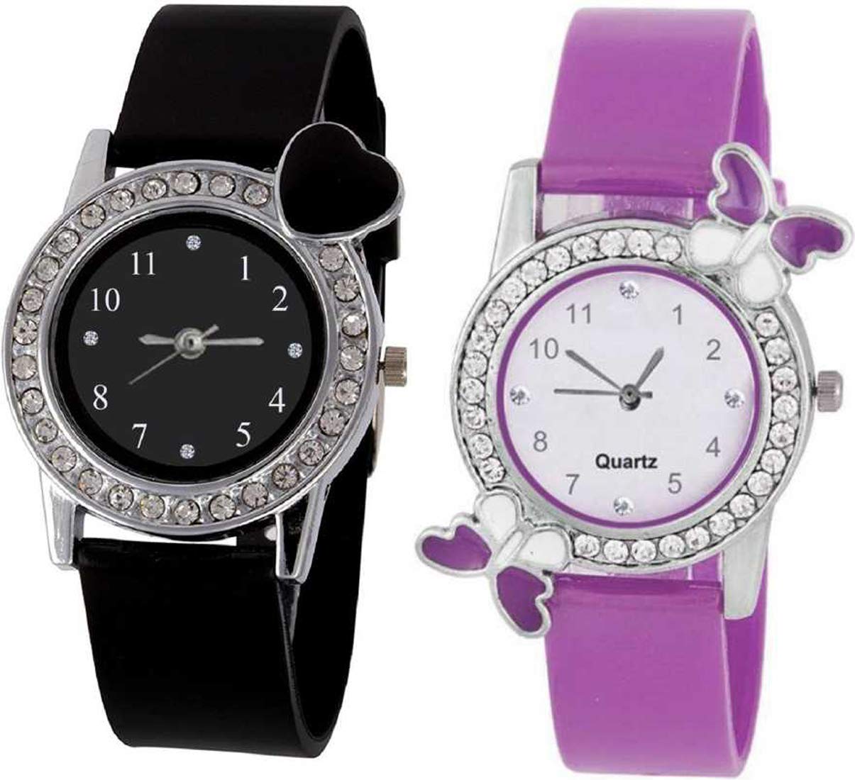 NiyatiFab Purple and Black Butterfly Heart Combo Watch for Girls - Stylish Fashion Accessory for School, Parties, and Everyday Wear