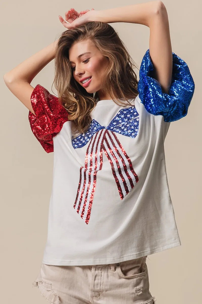 BiBi Sequin American Flag Bow Top - Patriotic Glamour for Women | Perfect for 4th of July, Independence Day & USA Themed Parties