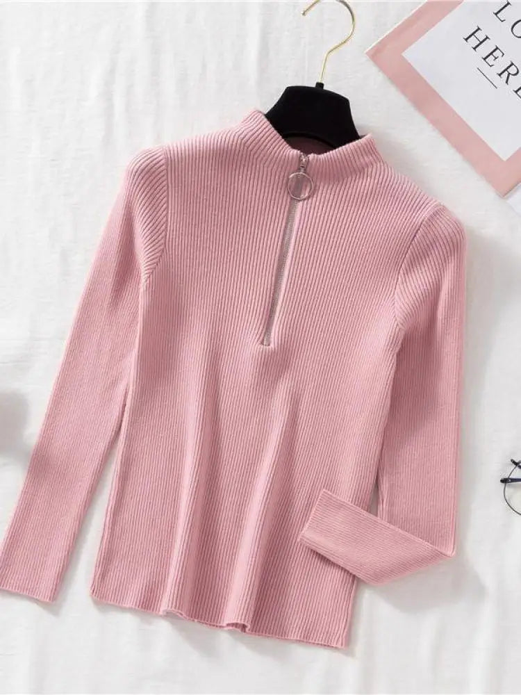 Vintage Solid Knitted Long Sleeve Zip-Up Half Turtleneck Sweater for Women - Cozy Winter Pullover for Casual Outfits & Office Wear