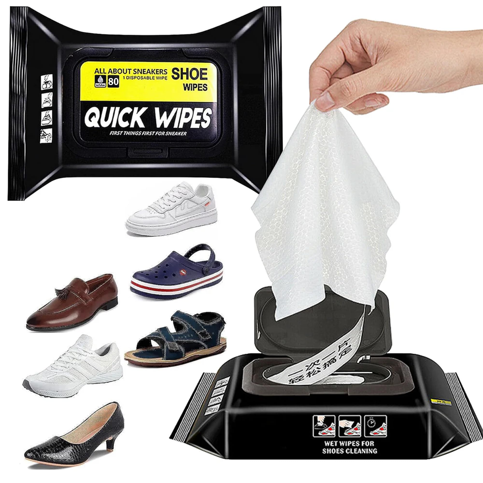 KLIFFOO Shoe Cleaner Wipes for Sneakers - 80 Count Disposable Cleaning Wipes for White Shoes, Sports Shoes & All Footwear | Quickly Remove Dirt & Stains | Perfect for Gym, Travel & Everyday Shoe Care