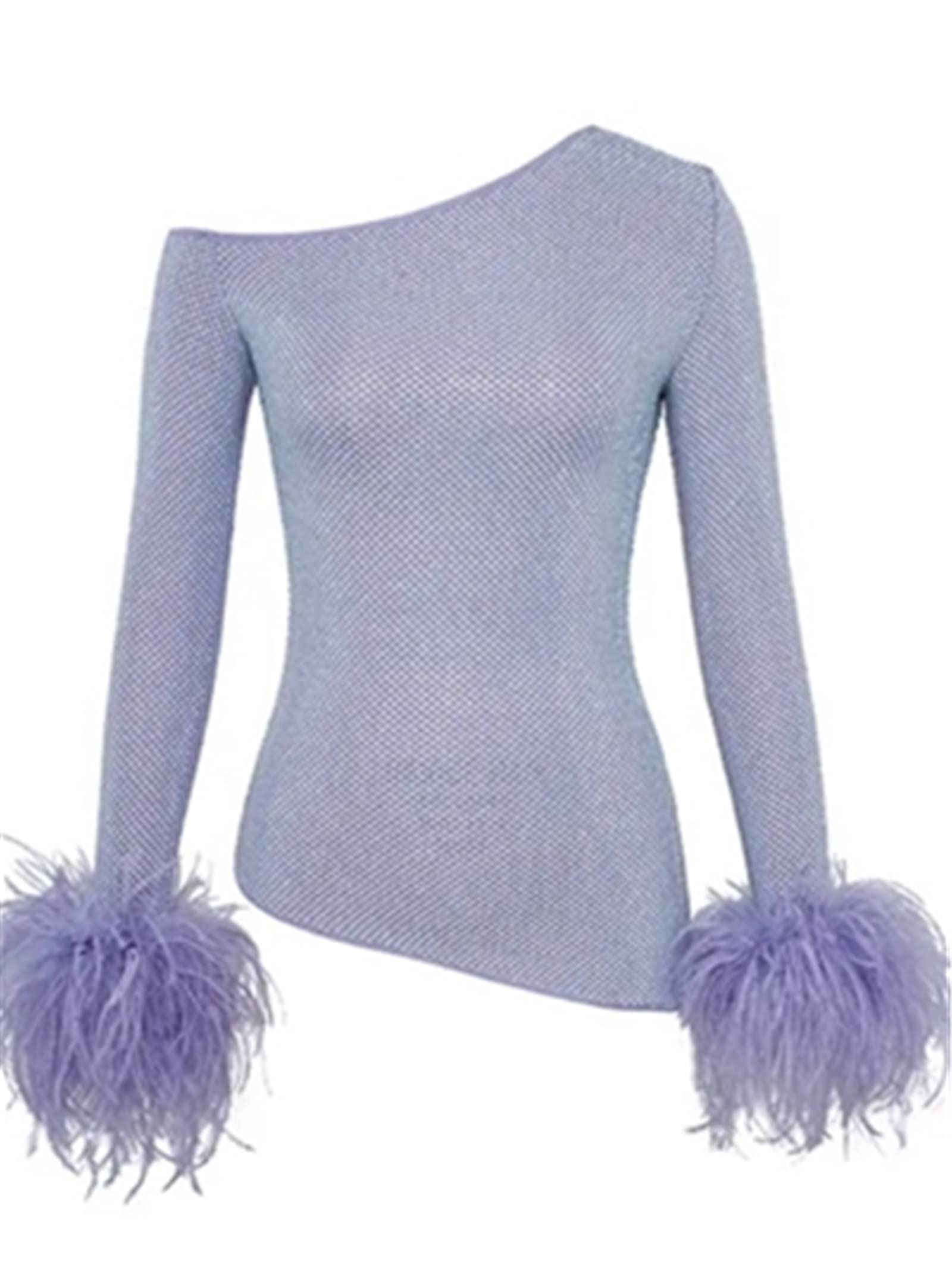 CE-11 Women's Shiny Sheer Mesh Top with Real Ostrich Feather Cuffs & Rhinestone Crystal Details - Long Sleeve Asymmetrical Sexy Shirt Dress (XXL, Purple) | Perfect for Nightclub Outfits, Party Wear, and Special Occasions