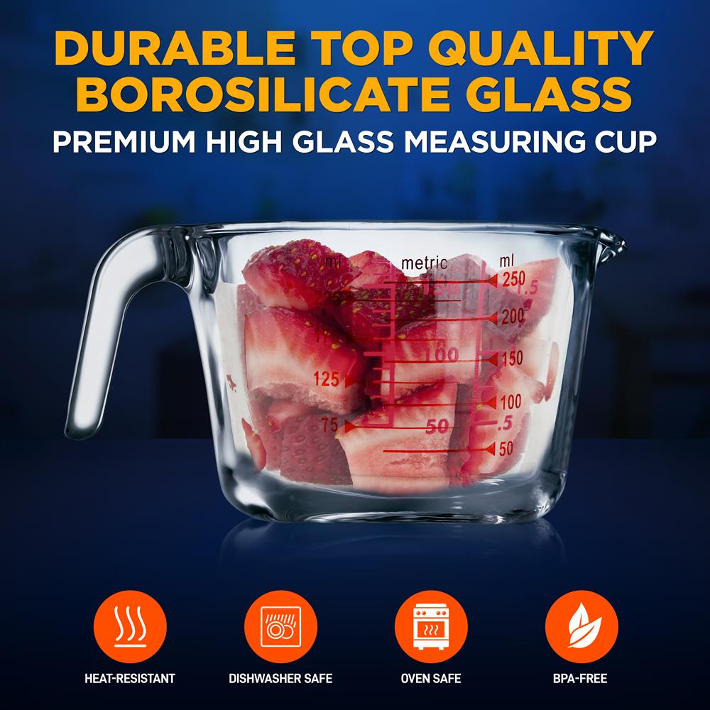 Premium Glass Measuring Cup Set - 4-Piece Shatterproof Kitchen Measuring Cups with Spout & Handle for Baking, Cooking, and Mixing - Microwave & Dishwasher Safe Liquid Measuring Cups for Home & Professional Use