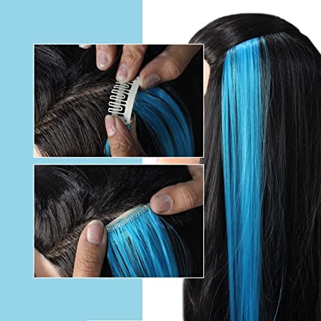 2 Pcs Sky Blue Clip-In Hair Extensions - Straight Synthetic Hair Streaks for Women & Girls - Party & Cosplay Highlights - Easy to Use for Daily Styling & Special Occasions
