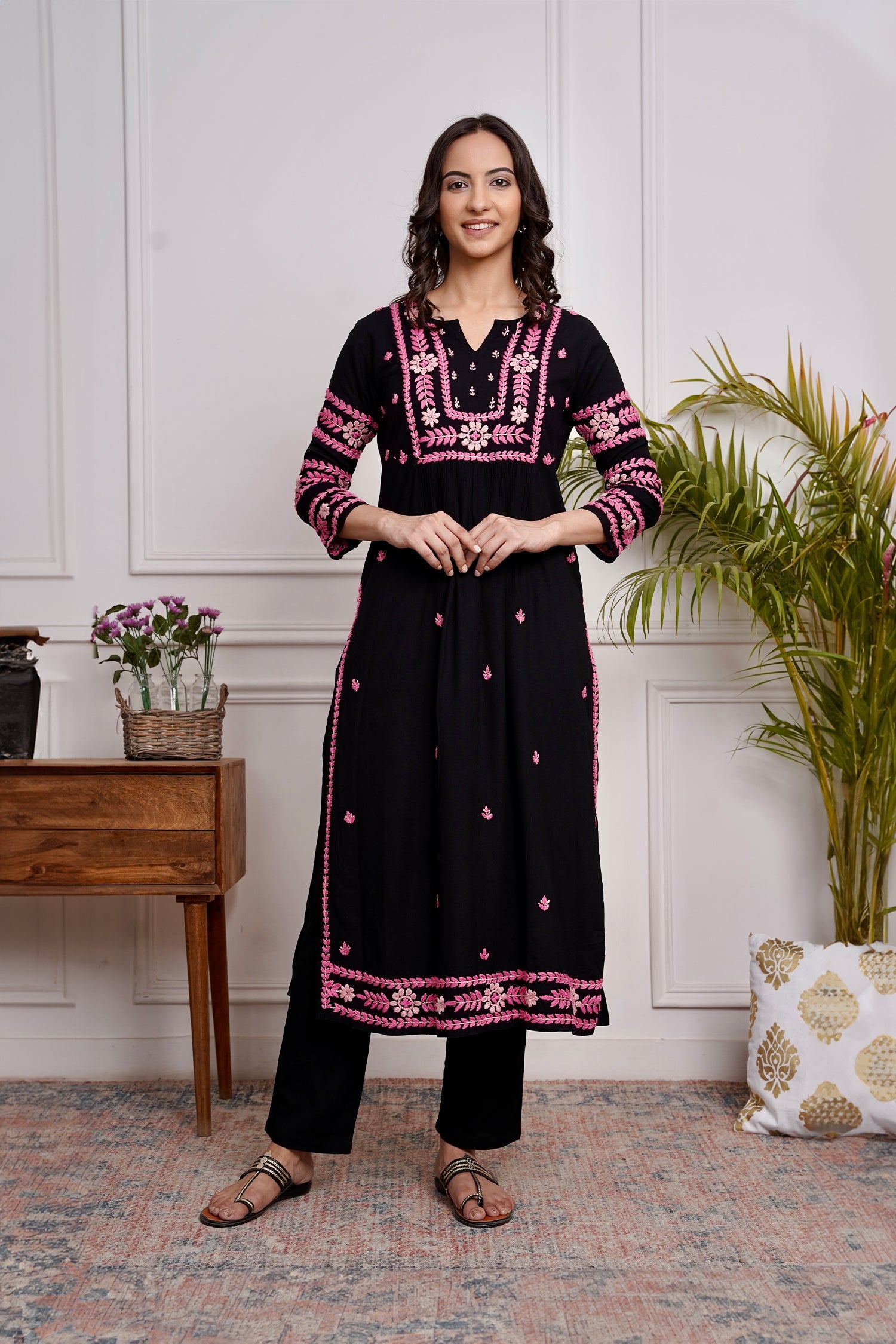 Elegant Black Saba Chikankari Long Kurta - Rayon Cotton Blend Traditional Indian Dress for Women - Perfect for Festivals, Weddings & Special Occasions