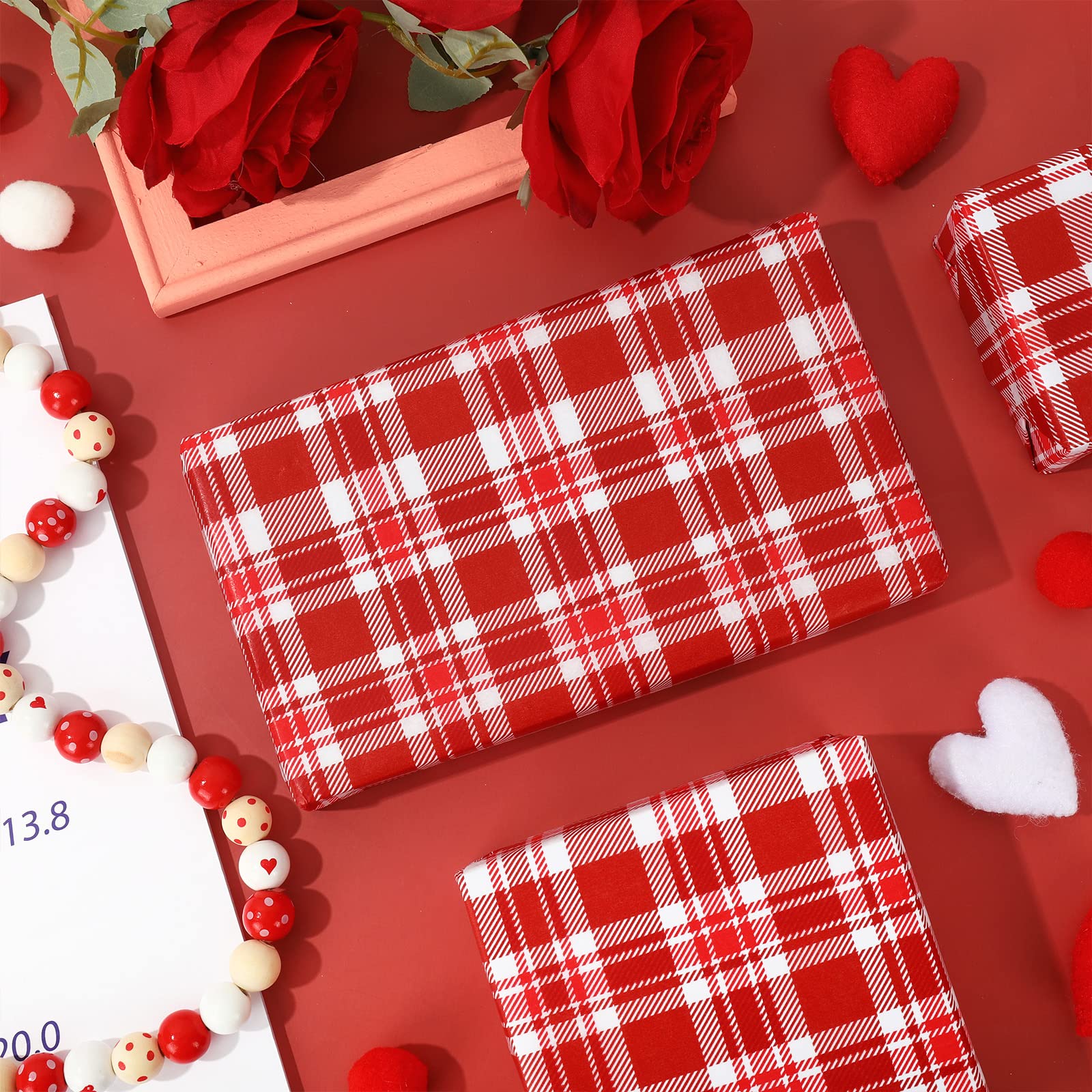 Whaline 100 Sheets Christmas Plaid Tissue Wrapping Paper - Red & White Buffalo Check Gift Wrap for DIY Bags, Party Favors, Home Decor (14x20 Inch) | Perfect for Holidays, Valentine's Day, Birthdays & Craft Projects