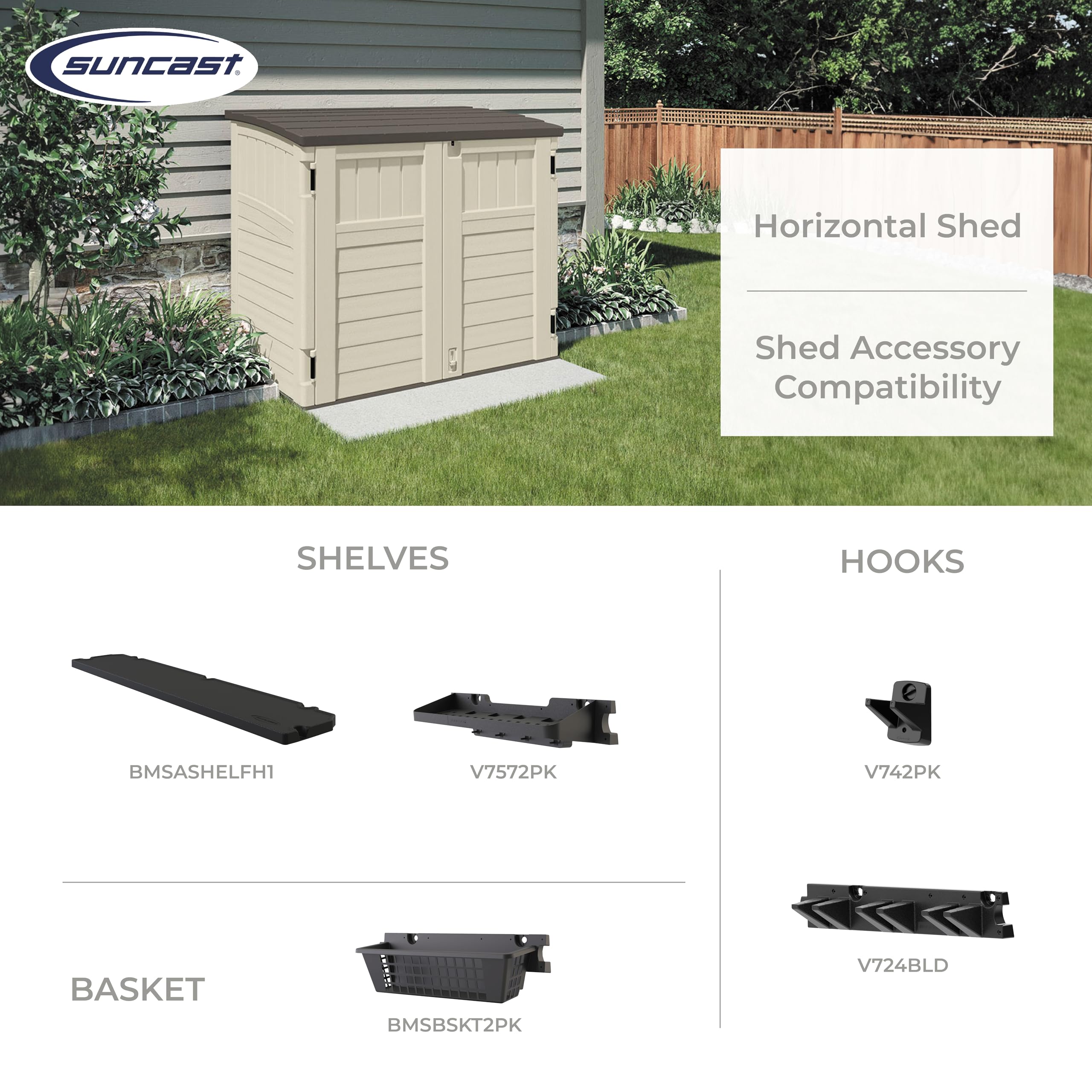 Suncast 34 Cu Ft Horizontal Outdoor Storage Shed - Weatherproof Vanilla Cabinet for Garbage Cans, Garden Tools, Lawn Equipment & Patio Furniture | Perfect for Backyard Organization, Garage Storage & Home Improvement Projects