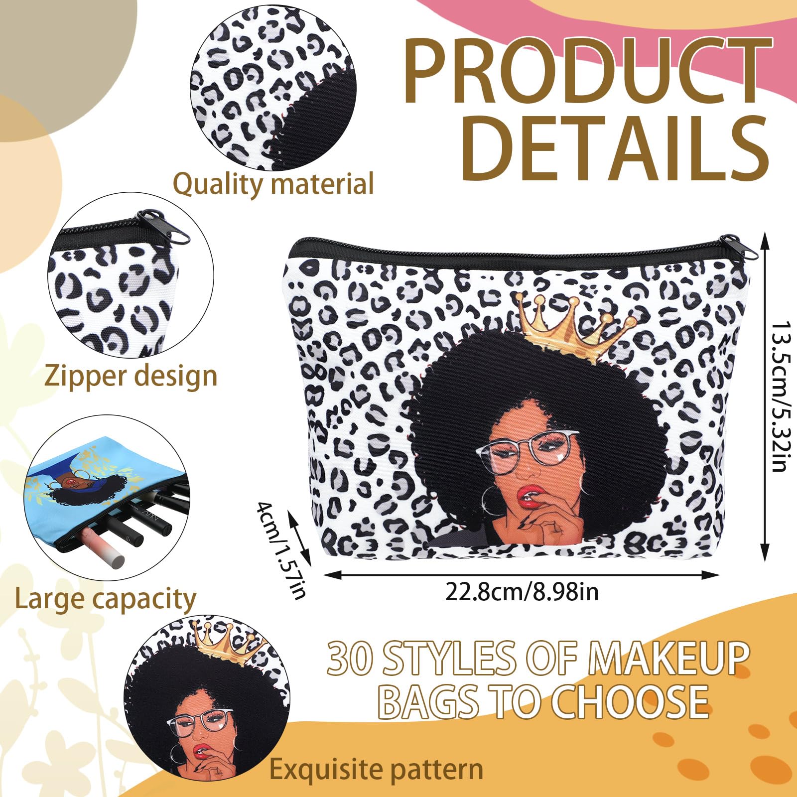 Sweetude 30 Pcs Black Women Cosmetic Bags - Reusable Canvas Makeup & Toiletry Organizer with Zipper for Purse, Travel, Afro Hair Accessories - Perfect Gift for African American Women (Great for Travel, Gym, Daily Use & Inspirational Gifting)