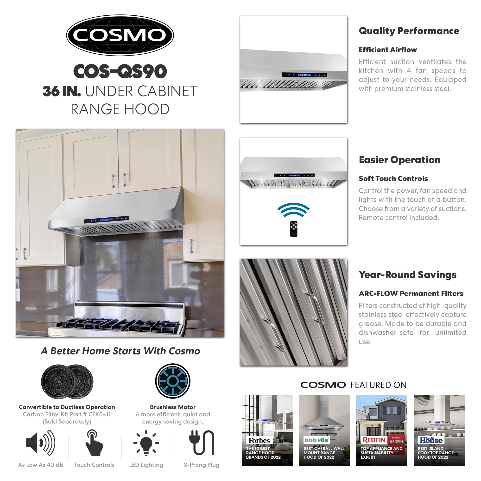 COSMO COS-QS90 36-Inch Stainless Steel Under Cabinet Range Hood - 500 CFM Ducted Kitchen Vent Hood with Touch Controls & LED Lights - Perfect for Modern Kitchens, Cooking, and Smoke Removal