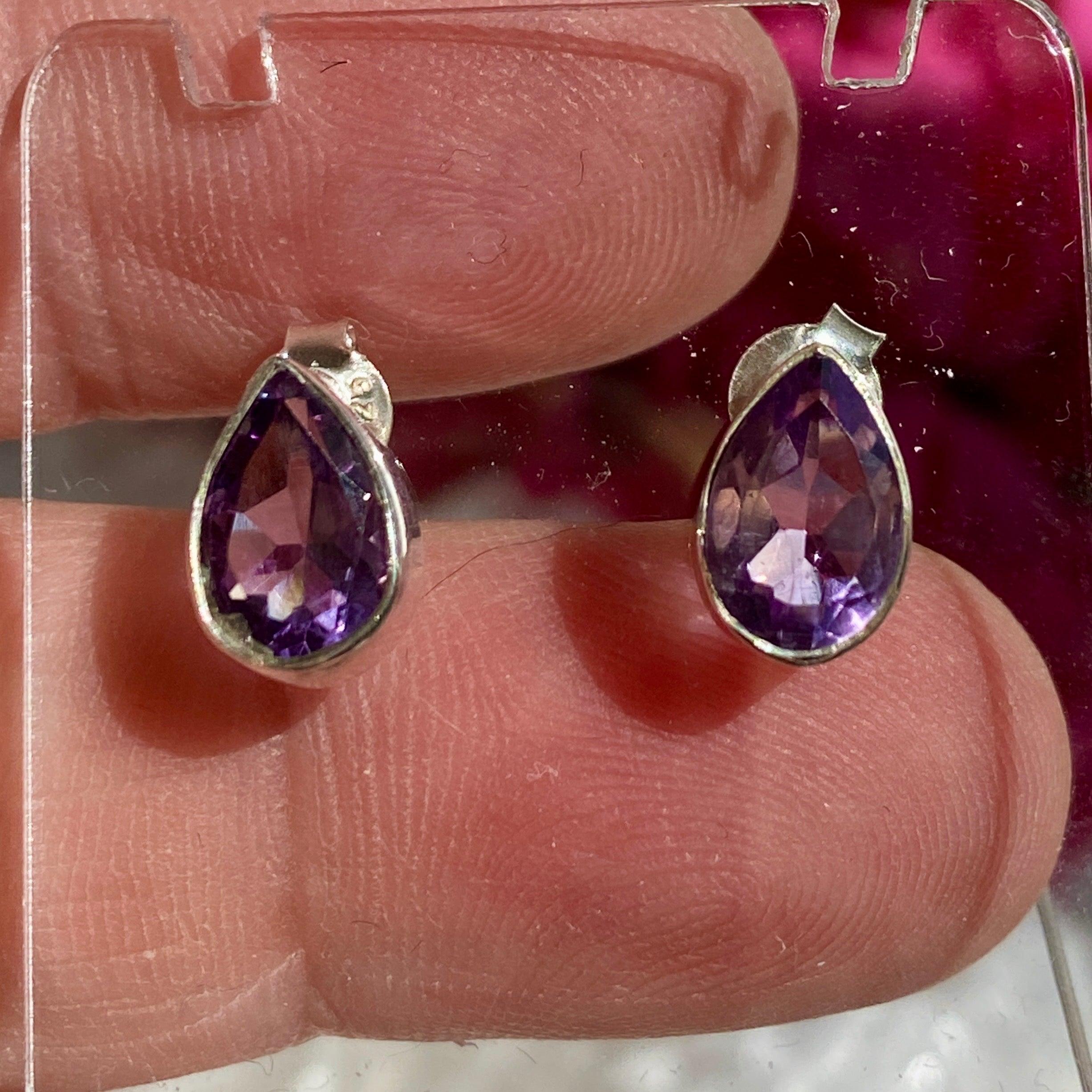 Amethyst Faceted Teardrop Stud Earrings for Women - 925 Sterling Silver Dainty Jewelry Gift - Perfect for Weddings, Parties & Everyday Wear KEGJ1054