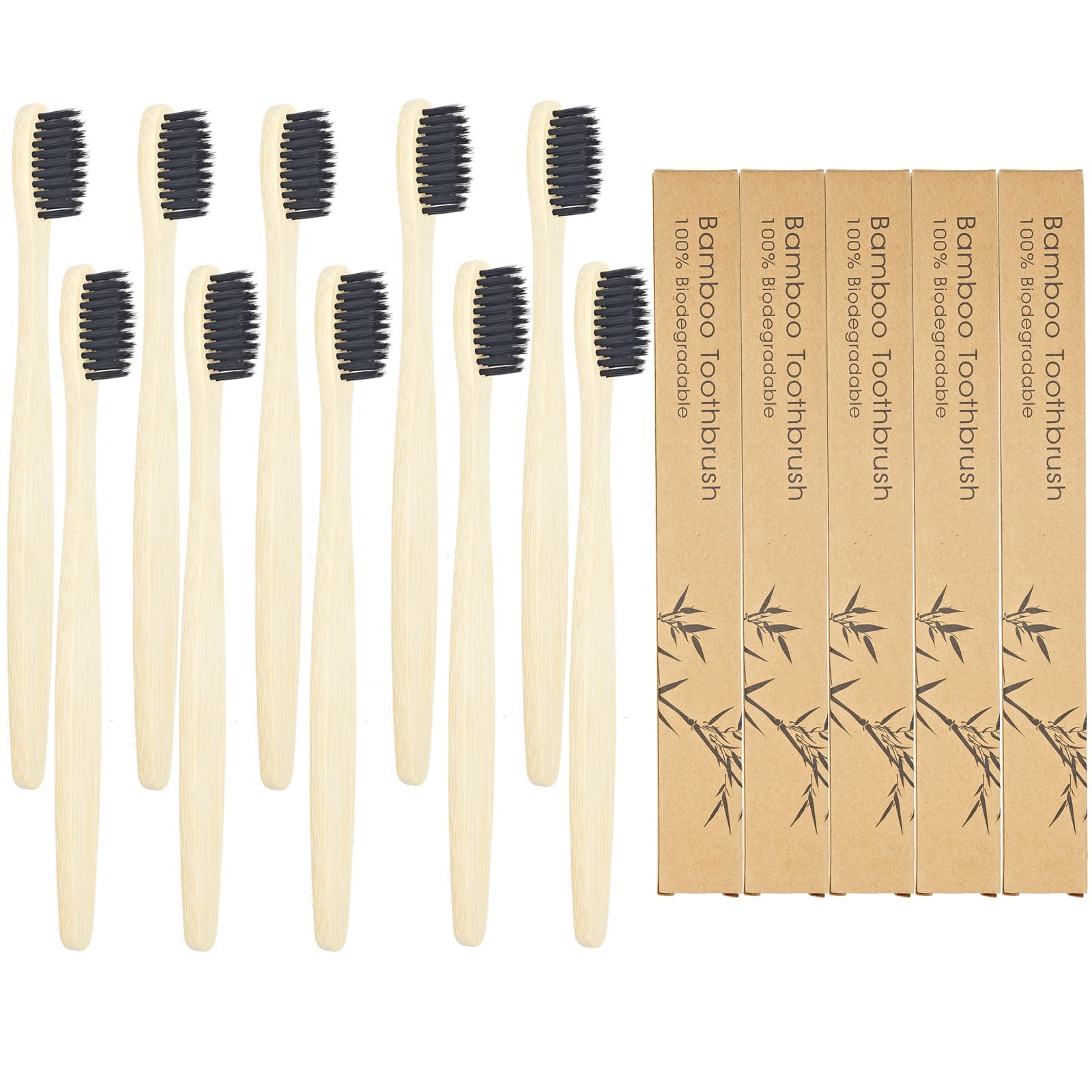 SEVENHEAD 10 Pack Bamboo Toothbrushes for Adults - Soft Bristles, Natural Biodegradable, BPA Free, Eco Friendly Wooden Toothbrushes (Black) - Perfect for Travel, Camping & Sustainable Oral Care