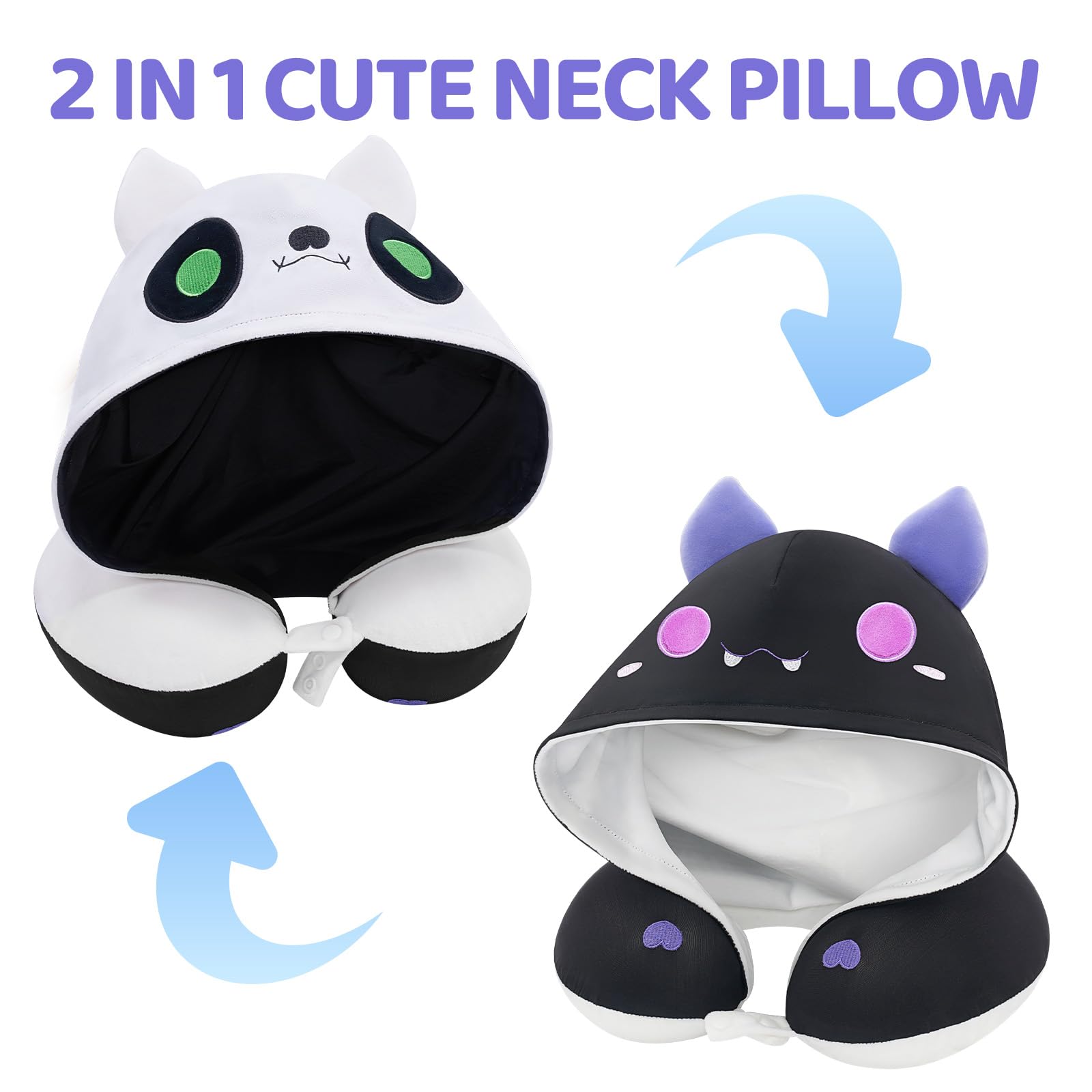 Memory Foam Travel Neck Pillow with Hood & Adjustable Strap - Soft Velvet & Cooling Ice Silk Fabric for Kids & Adults - Perfect for Airplane, Car & Office Napping
