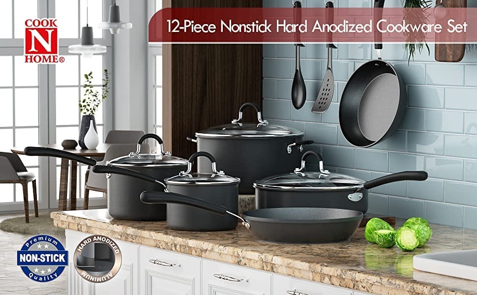 Cook N Home Professional Anodized 2.5-Quart Black Cookware Set - Durable Nonstick Kitchen Pots & Pans for Cooking, Frying & Serving Meals