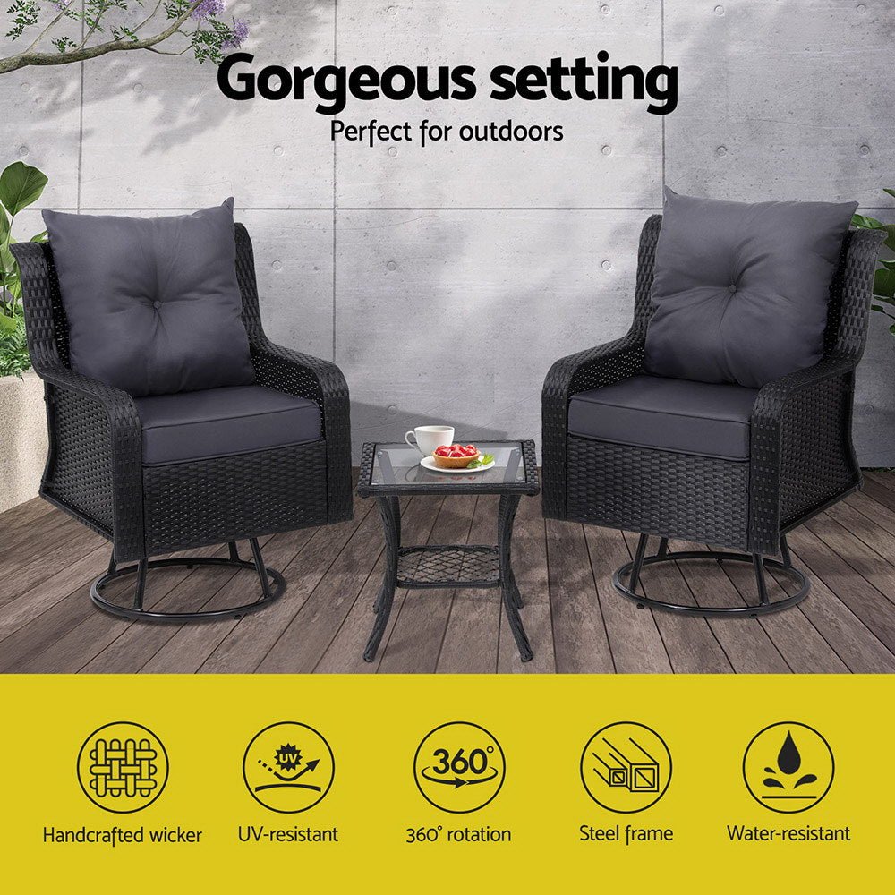 3-Piece Outdoor Patio Bistro Set with Wicker Swivel Chairs, Side Table & Cushions - Brown Rattan Garden Furniture for Balcony, Deck, Poolside or Backyard Relaxation