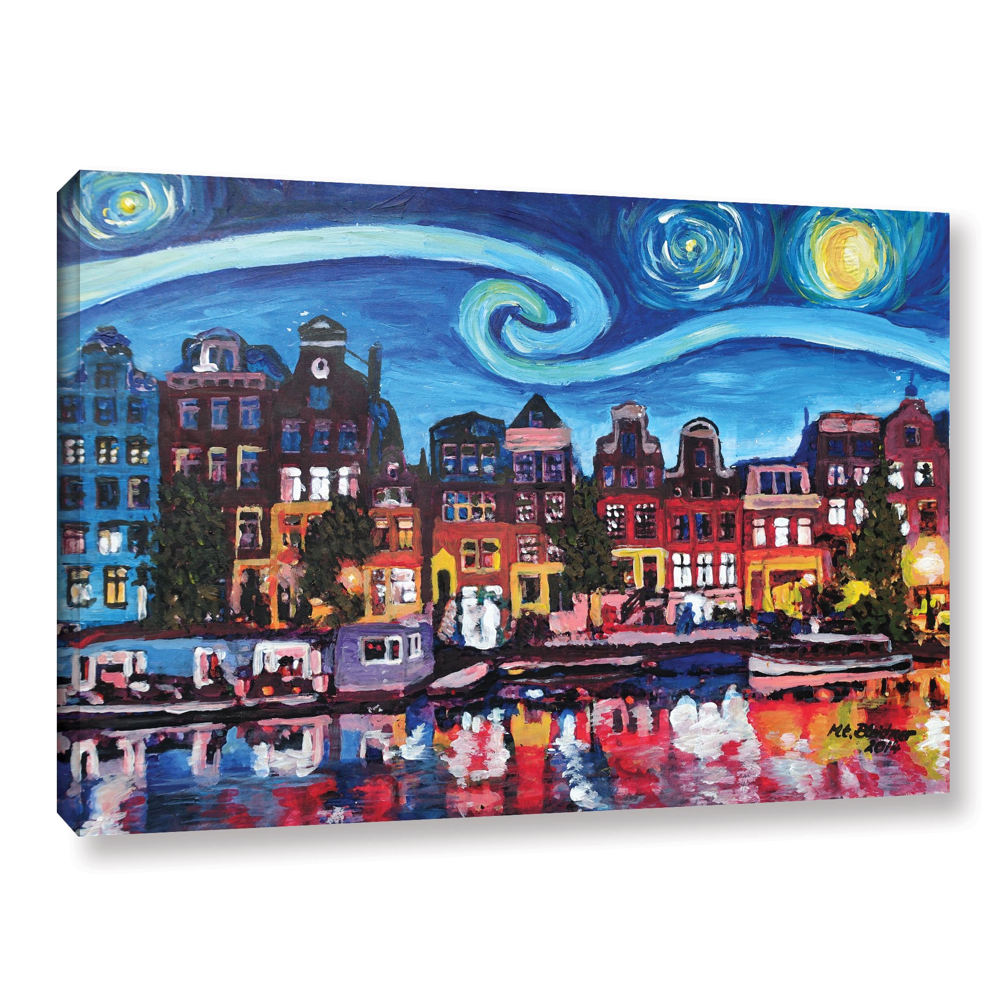 Marcus/Martina Bleichner 'Starry Night Over Amsterdam Canal' Gallery Wrapped Canvas Art Print - 16x24 Inches - Modern Wall Decor for Living Room, Bedroom & Office